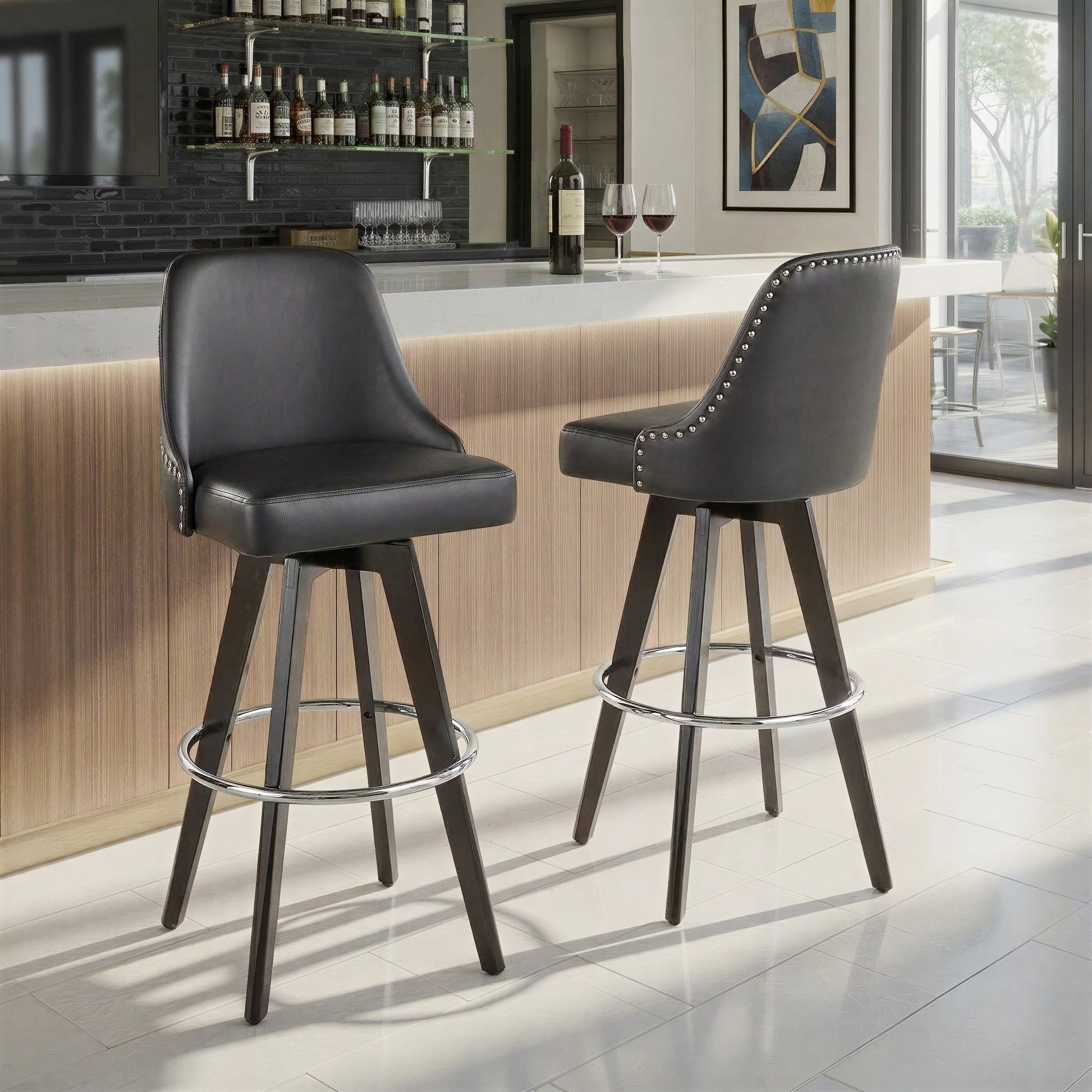 Porch Den Studded Naldi 30 Fixed Height Bar Stool With Splayed Wood Legs Round Footrest Set Of 2