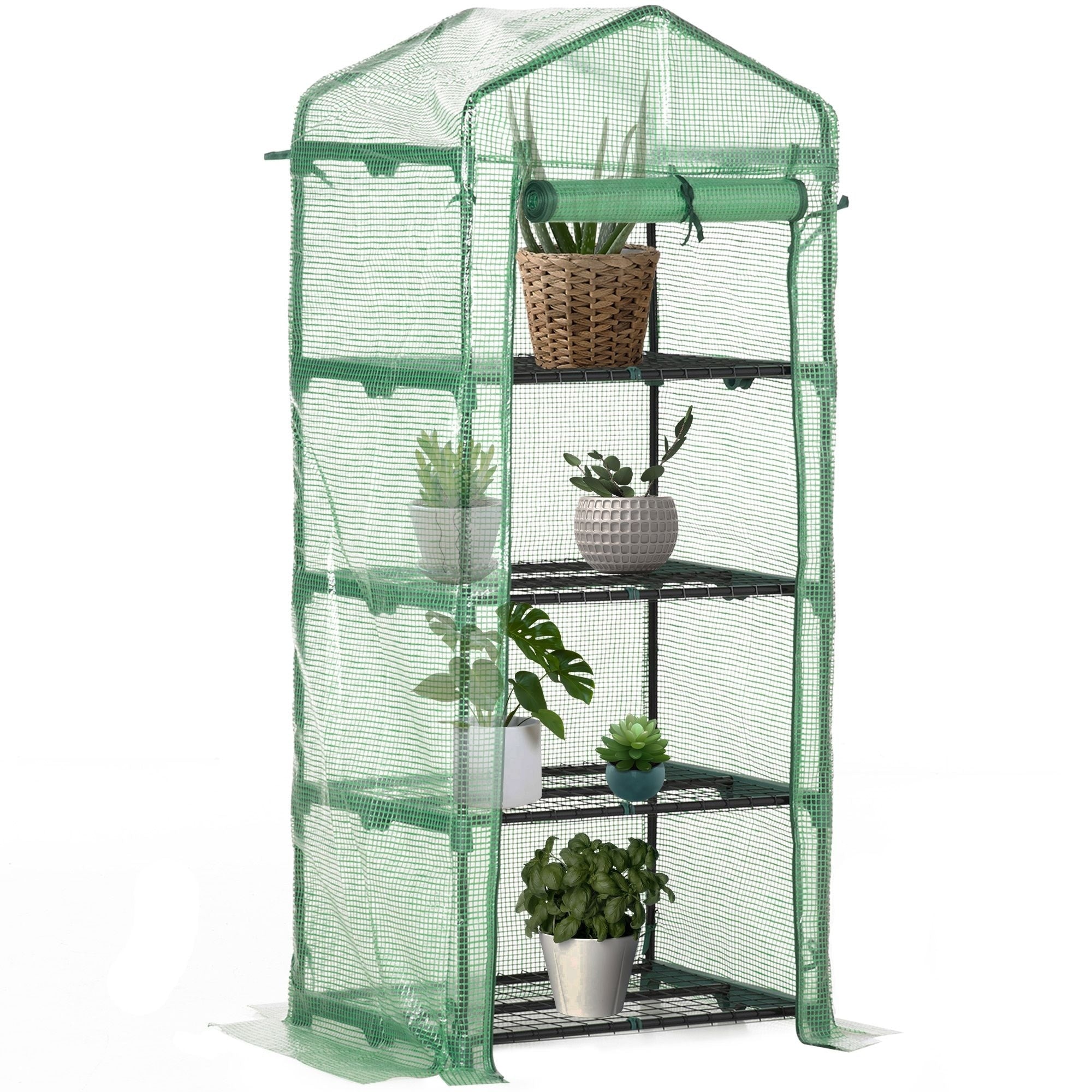 Portable Greenhouse Outdoor Hot House Plant Flower Greenhouse With 4 Tier Shelves Steel Frame Pe Cover Dark Green