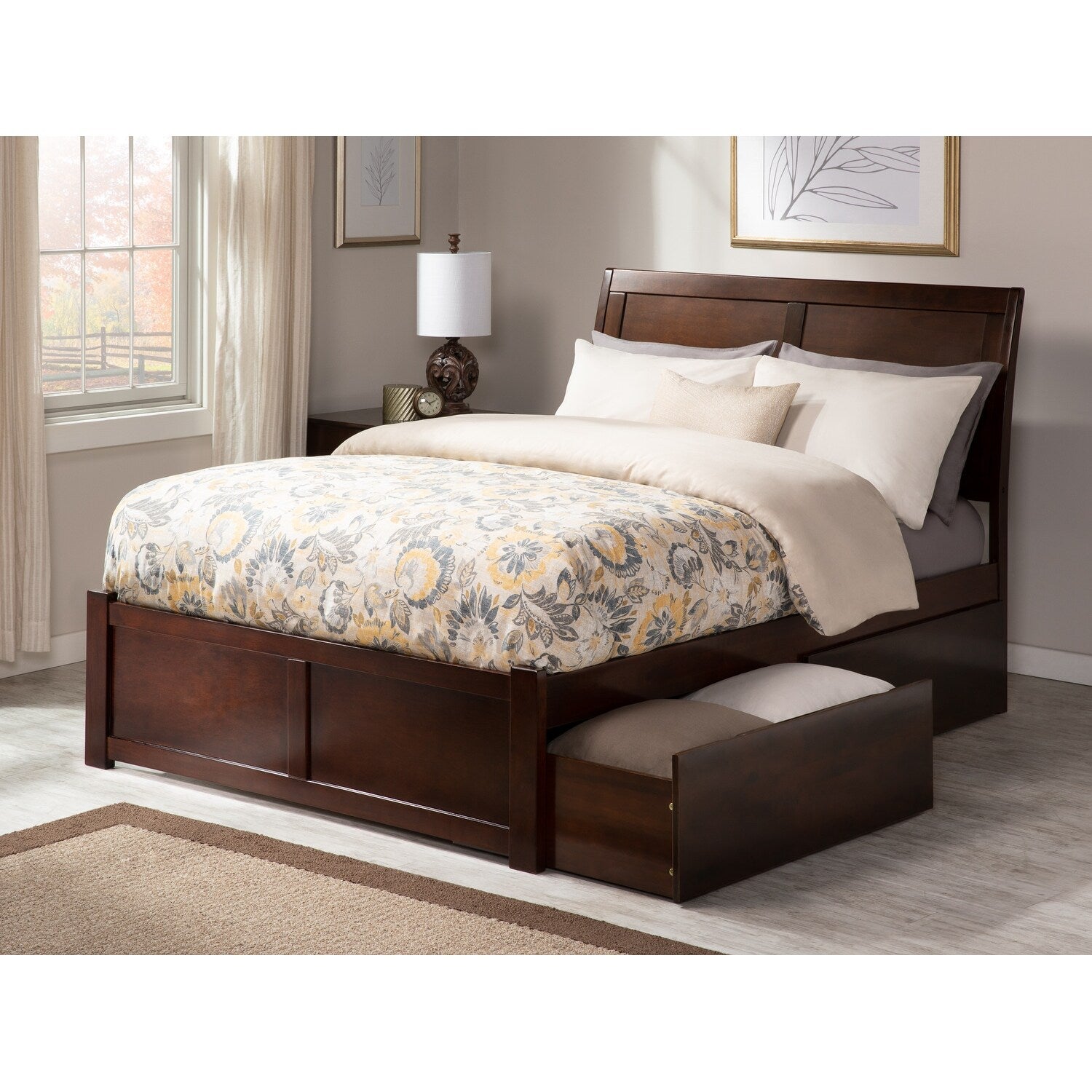 Portland King Platform Bed With Flat Panel Foot Board And 2 Urban Bed Drawers In Walnut