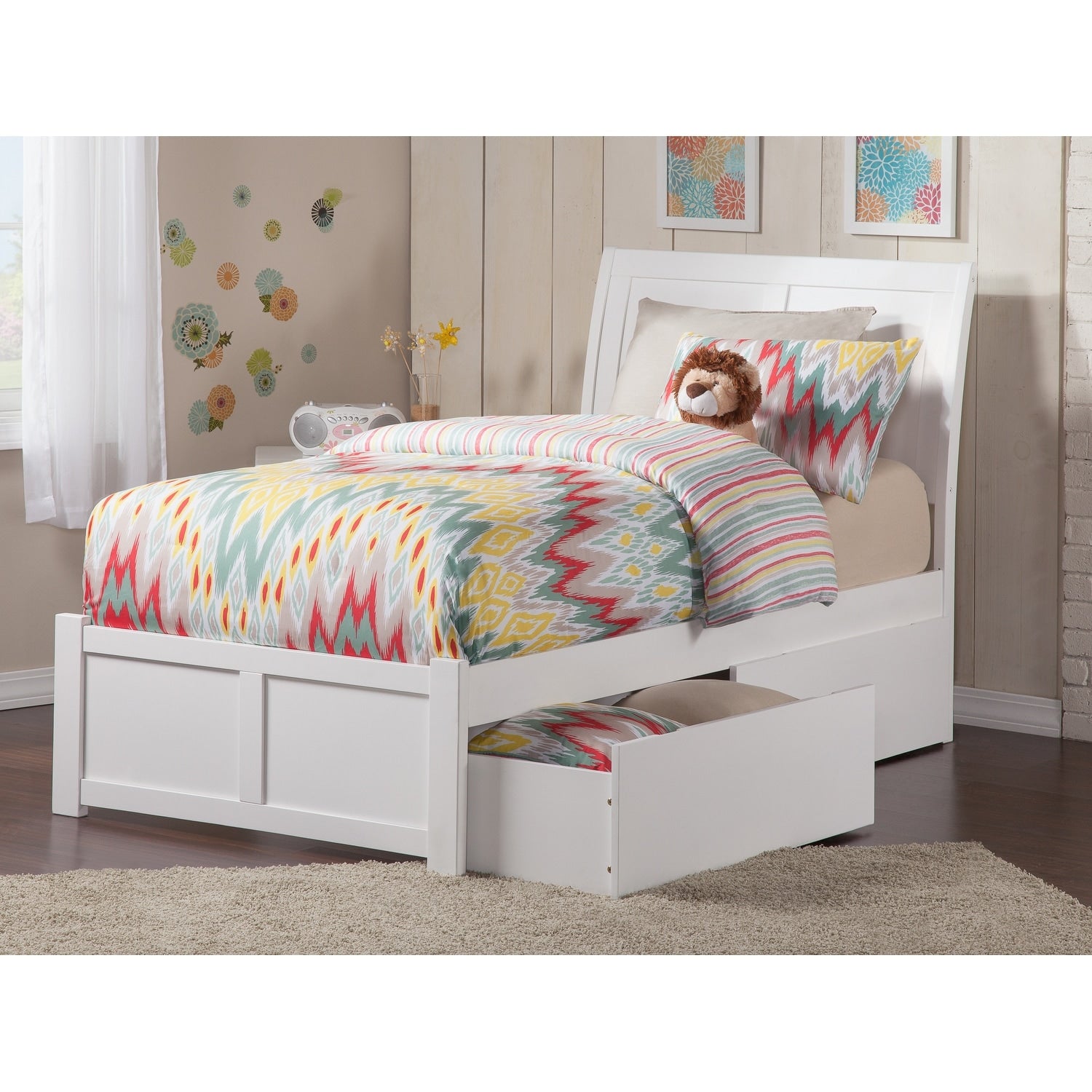 Portland Twin Platform Bed With Flat Panel Foot Board And 2 Urban Bed Drawers In White