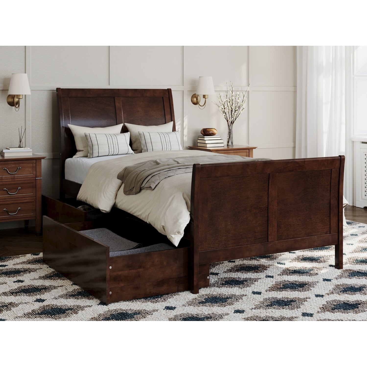 Portland Twin Xl Platform Bed With Matching Foot Board With 2 Urban Bed Drawers In Walnut