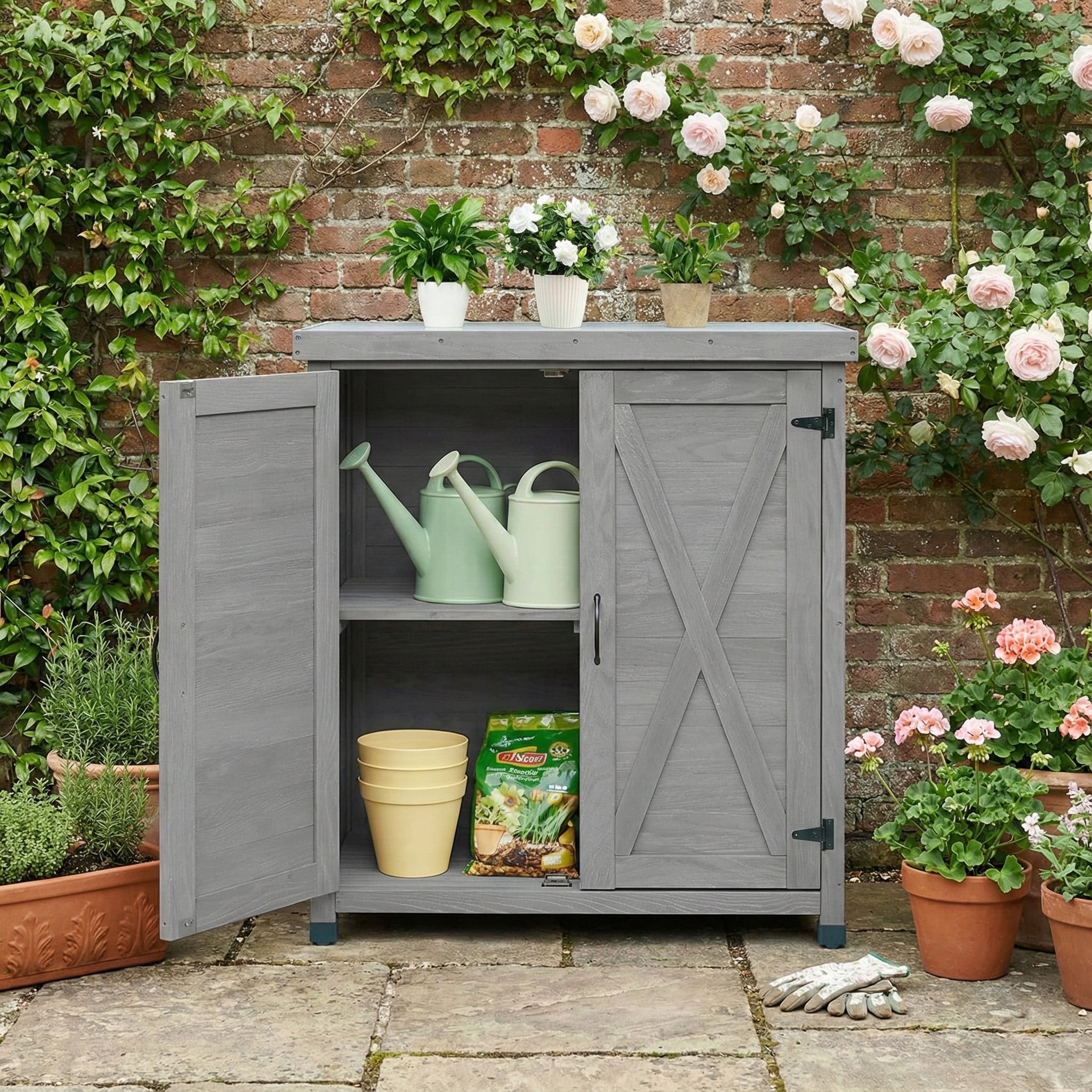 Potting Bench With Storage Cabinet And Metal Table Top For Outdoor Patio Outdoor Work Station Table