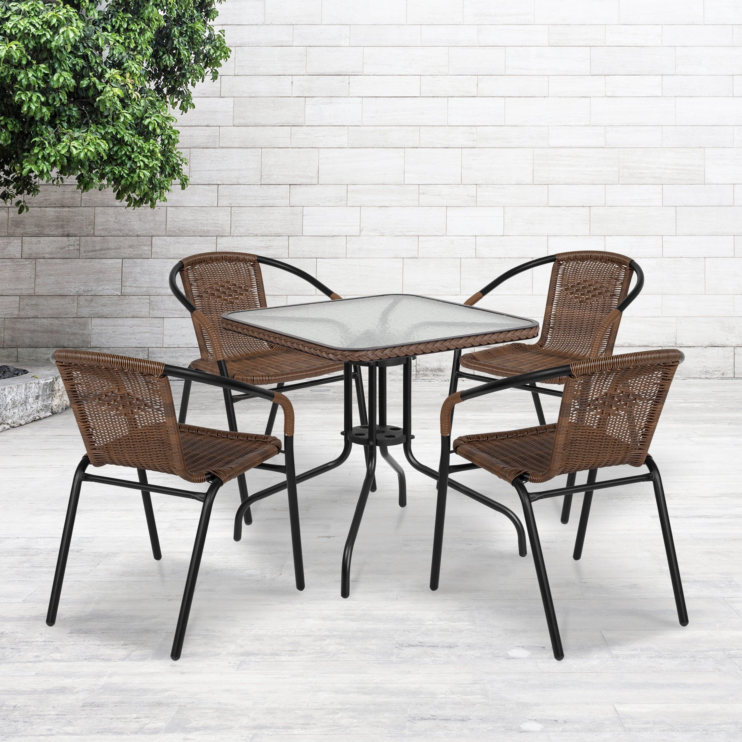 Havenside Home Bellport 5 Piece Square Metal Glass Table With Rattan Chairs Set