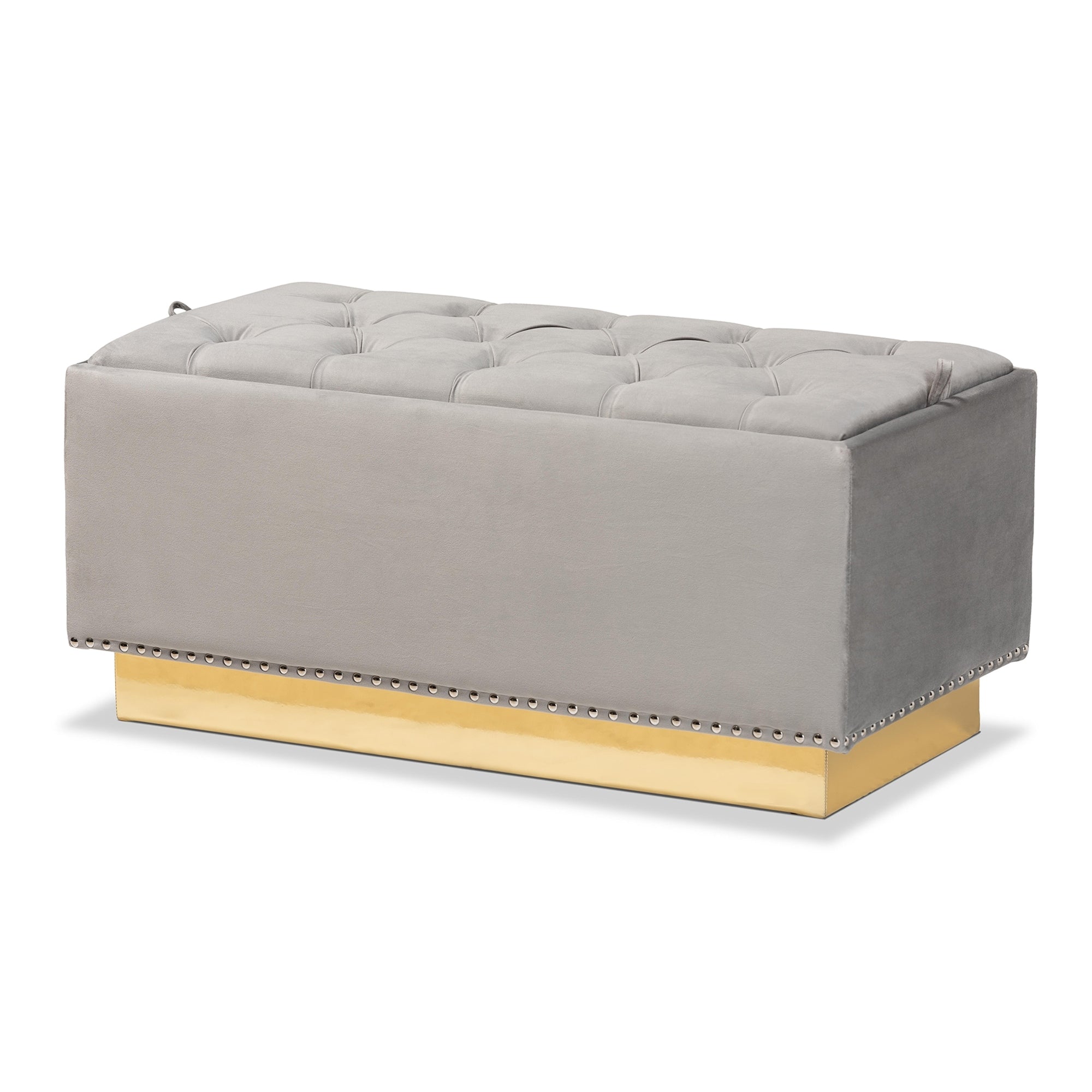Powell Beige Velvet Fabric And Gold Pu Leather Storage Ottoman
