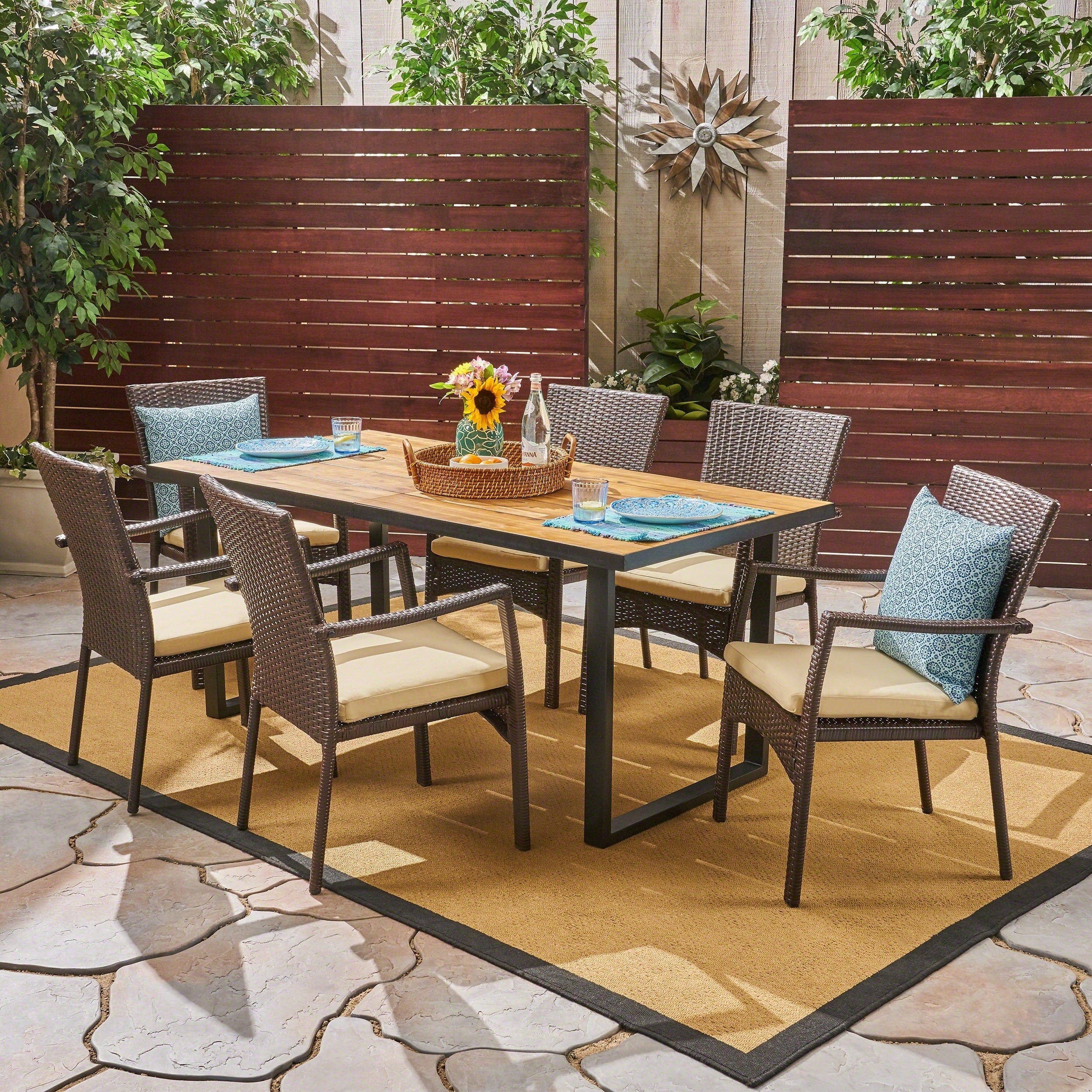 Powell Outdoor 6 Seater Rectangular Acacia Wood And Wicker Dining Set By Christopher Knight Home