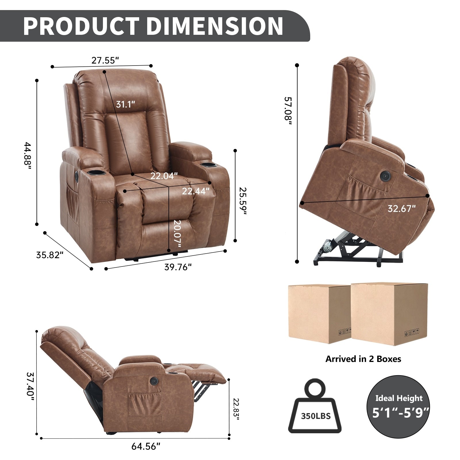 Power Lift Recliner Chair With 8 Point Vibration Massage And Lumbar Heating Usb Charging Port Cup Holders