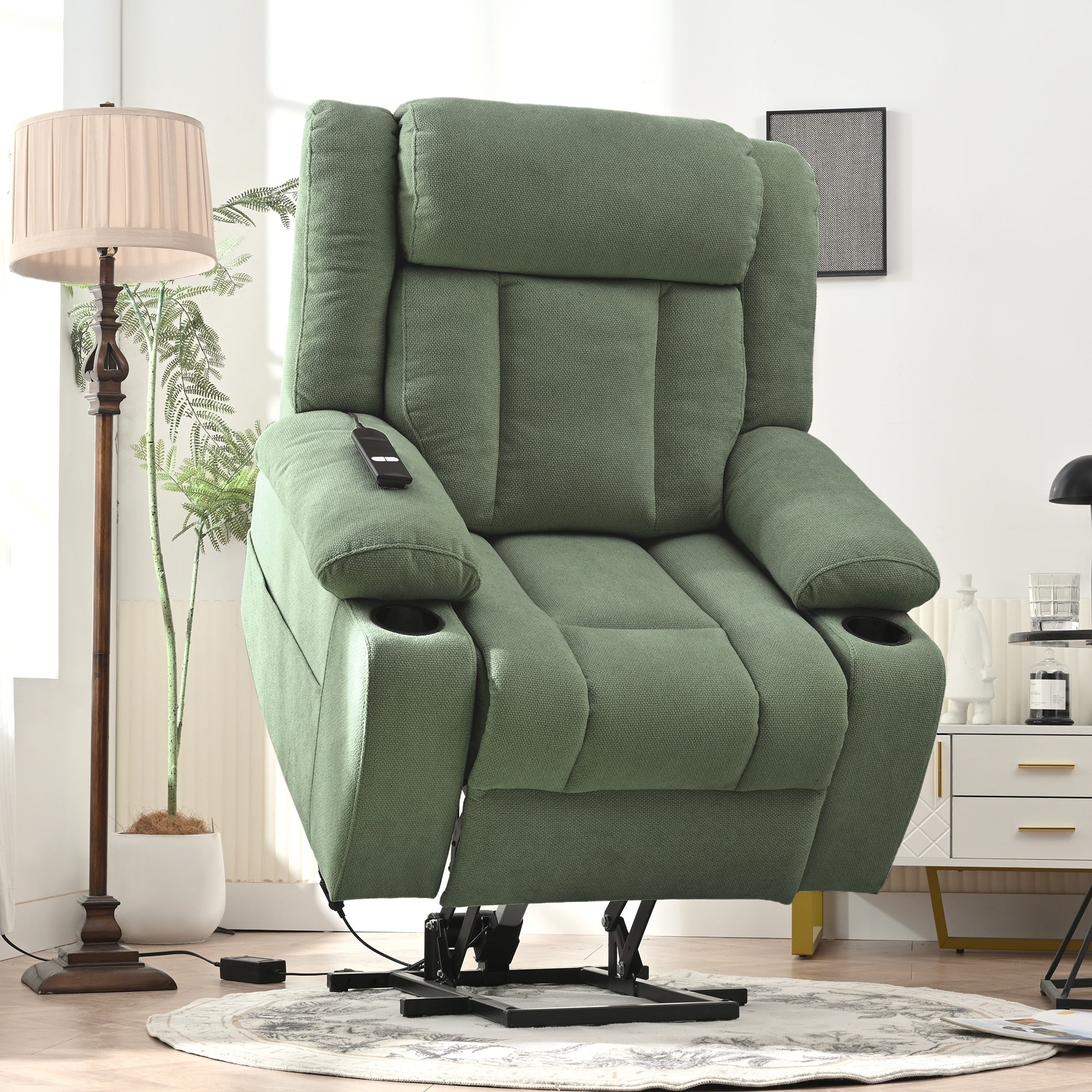 Power Lift Recliner Chair Fabric Lift Chairs W Extended Footrest Theater Seating With 2 Cup Holders Side Pockets Remote Control