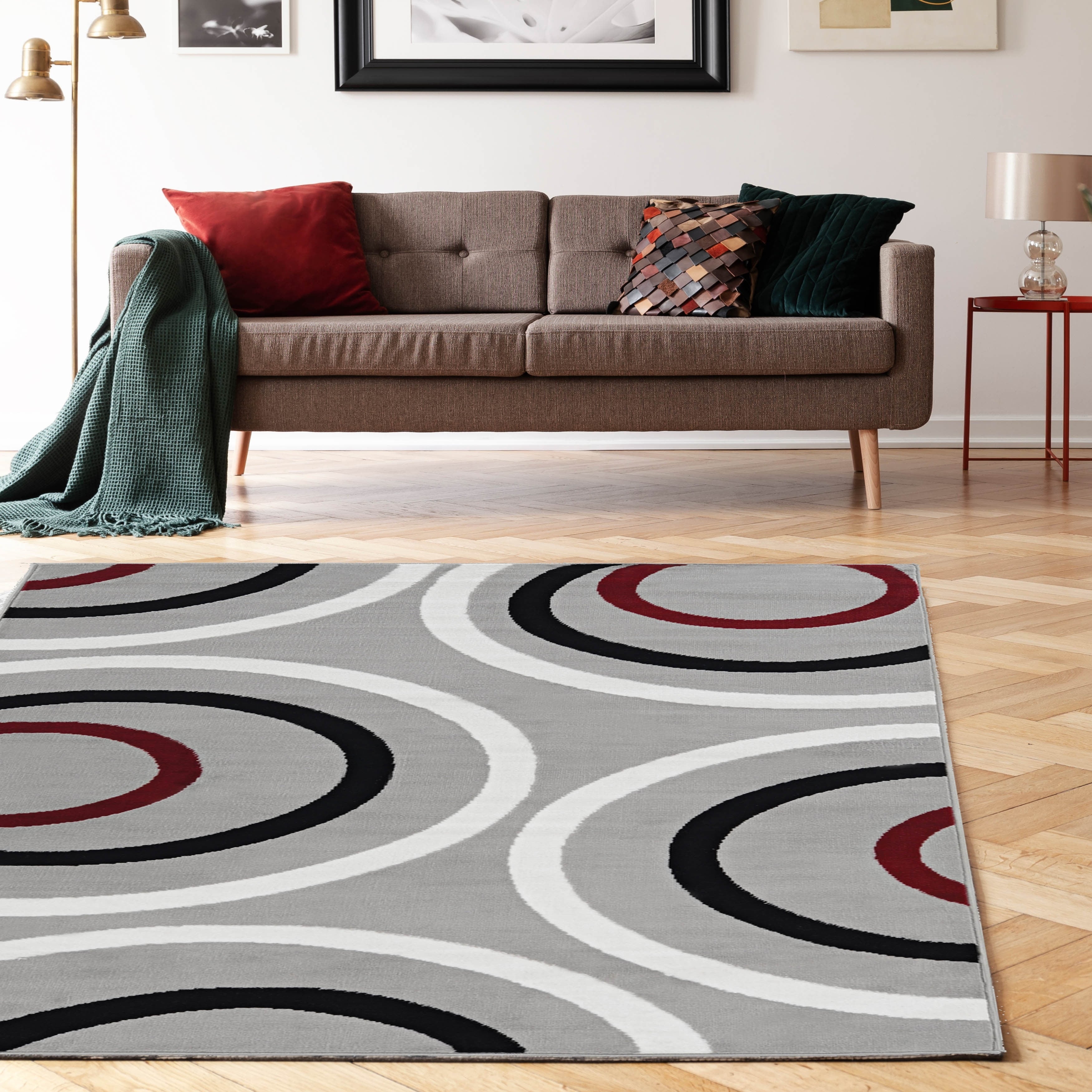 Power Loomed Capri Circles Gray White Black Red Polypropylene Rug 44 X73 43 X 73