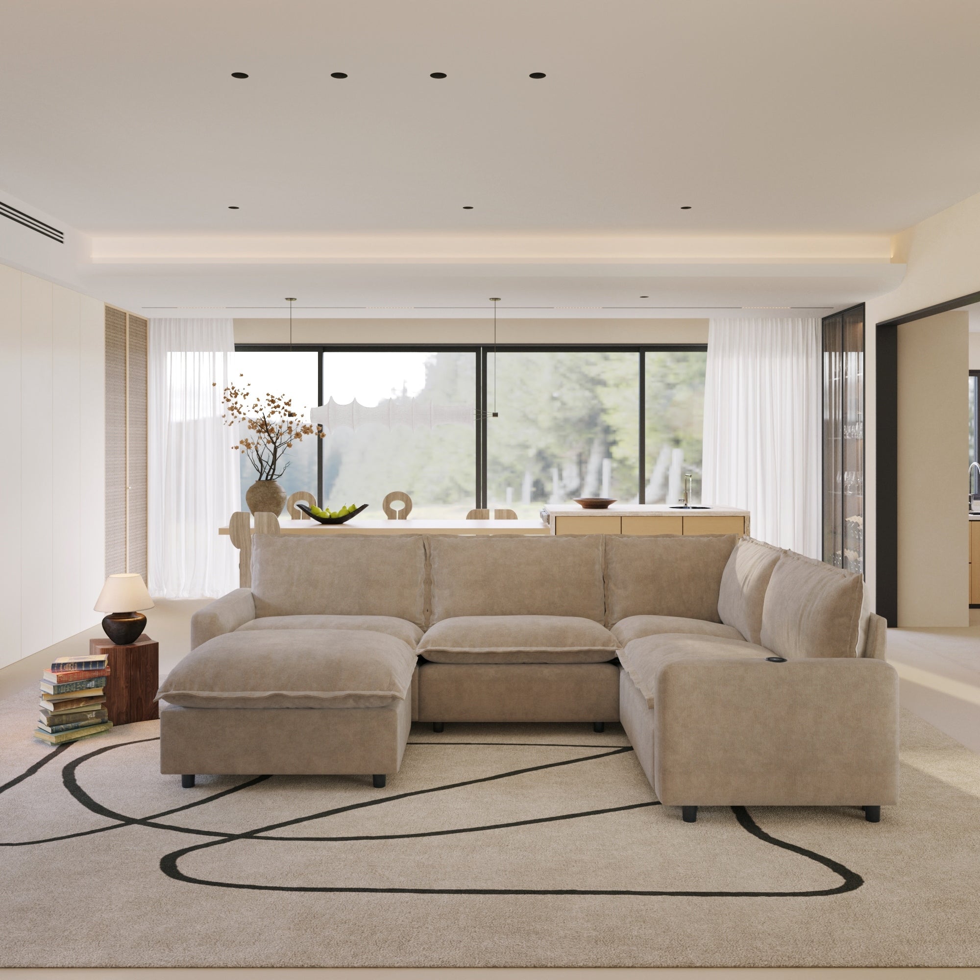 Power Recliner 107.48 In. Square Arm Linen 4 Piece U Shaped Modular Sectional Sofa With Heating Ottoman