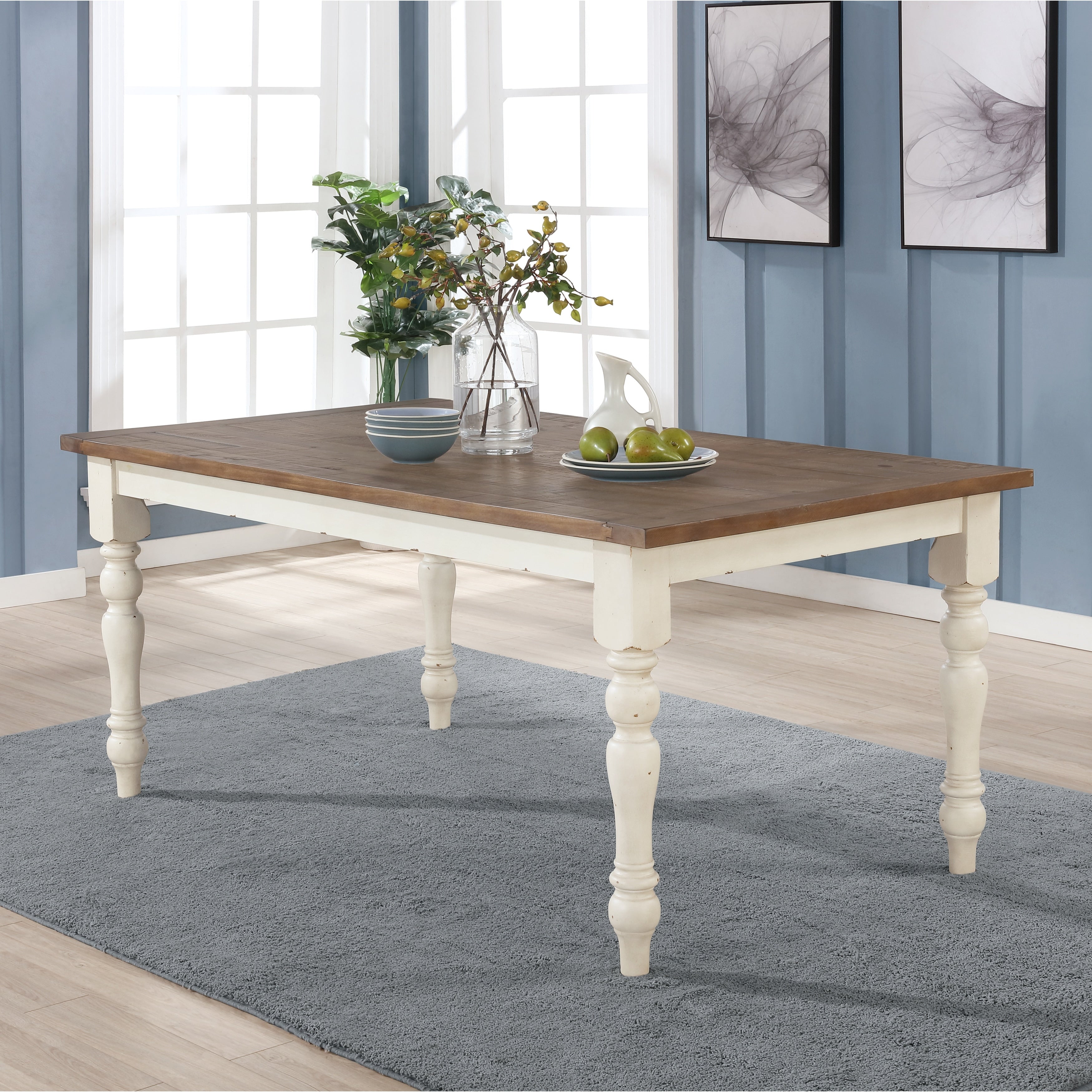 Prato Antique White And Distressed Oak Two Tone Finish Wood Dining Table