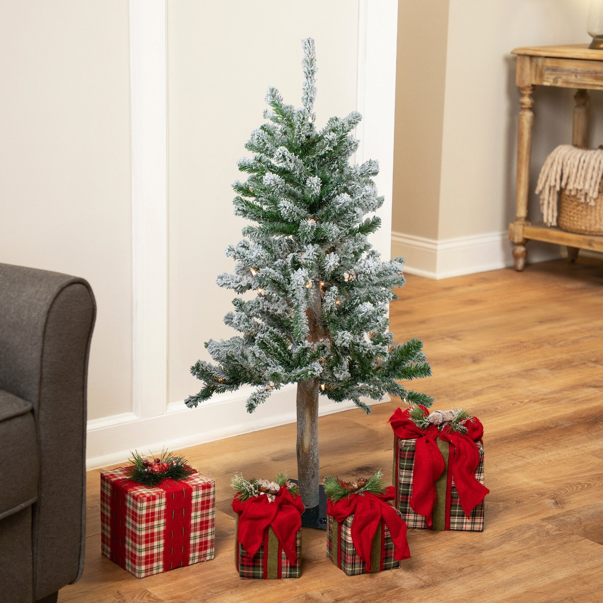 3 Pre Lit Flocked Alpine Artificial Christmas Tree Clear Lights 3 Foot