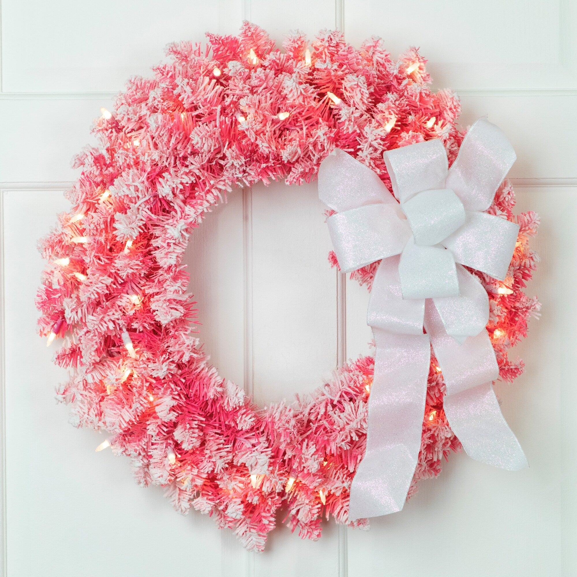 Pre Lit Flocked Pink Artificial Christmas Wreath 24 Inch Clear Lights