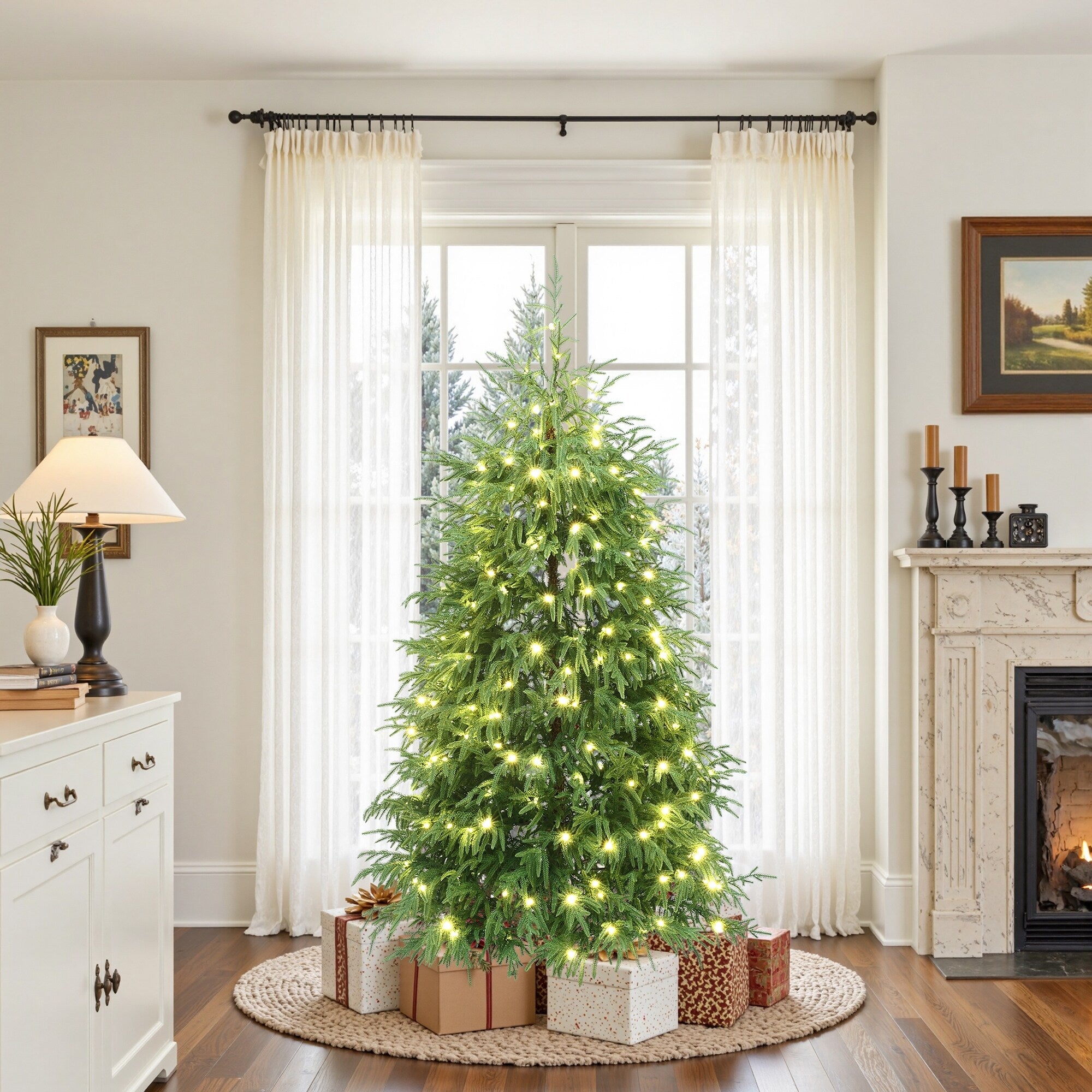 Pre Lit Green Full Artificial Cedar Christmas Tree With Metal Stand