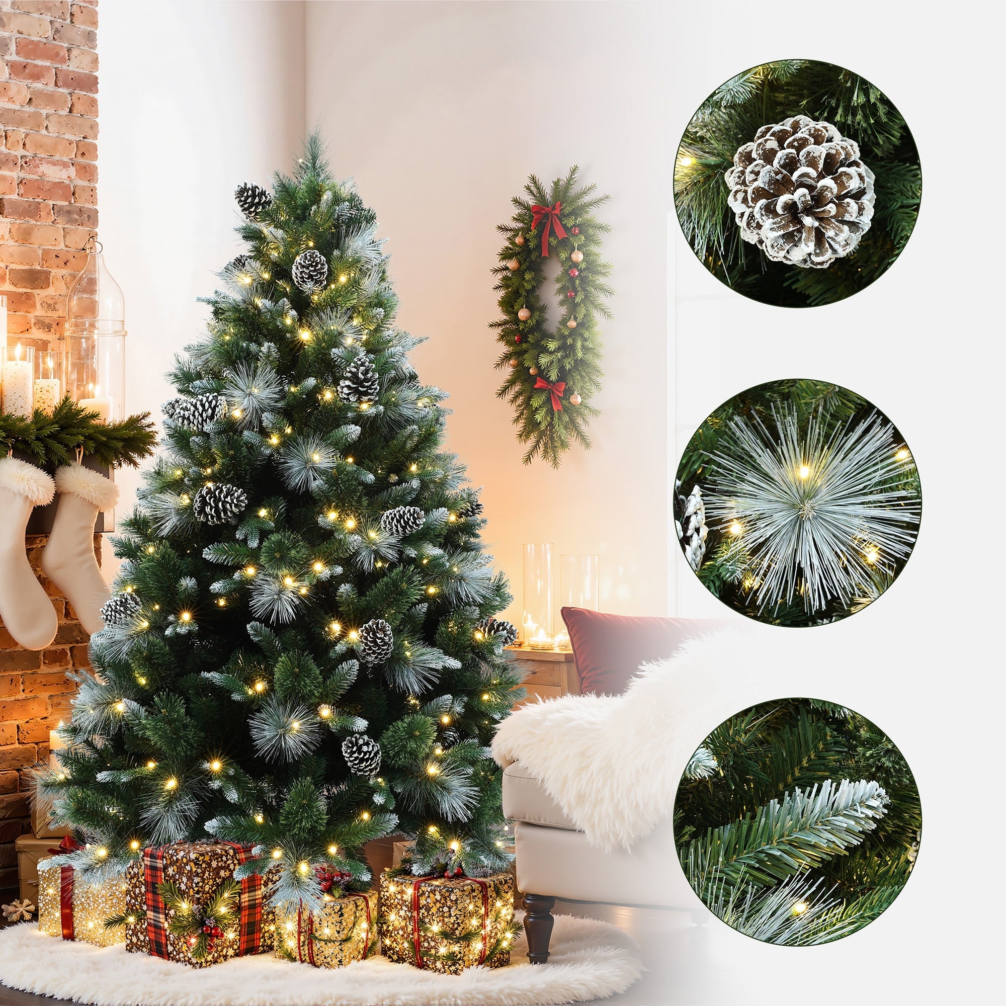 Pre Lit Mixed Green White Artificial Christmas Tree With Pinecones