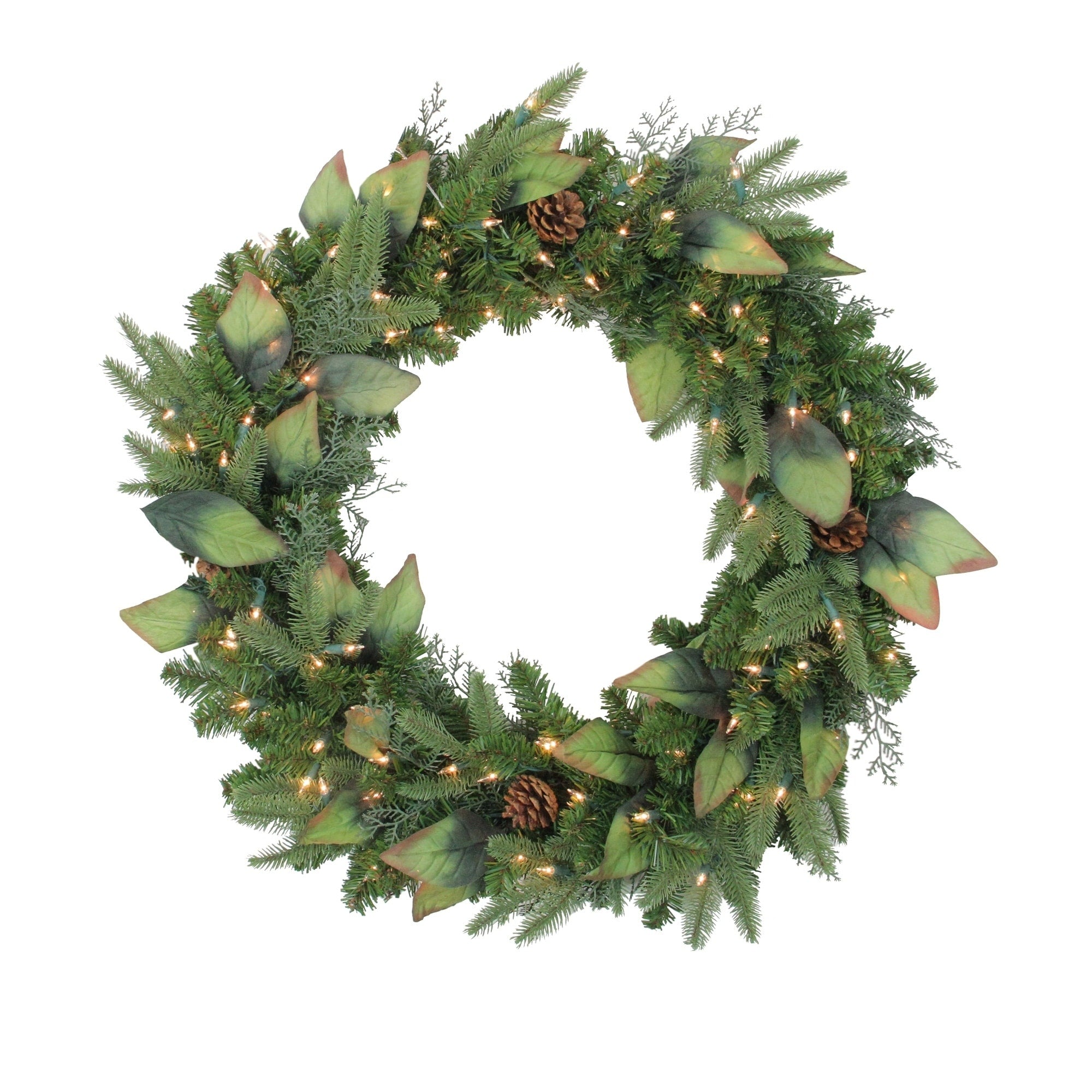 Pre Lit Mixed Winter Pine Artificial Christmas Wreath 30 Inch Clear Lights