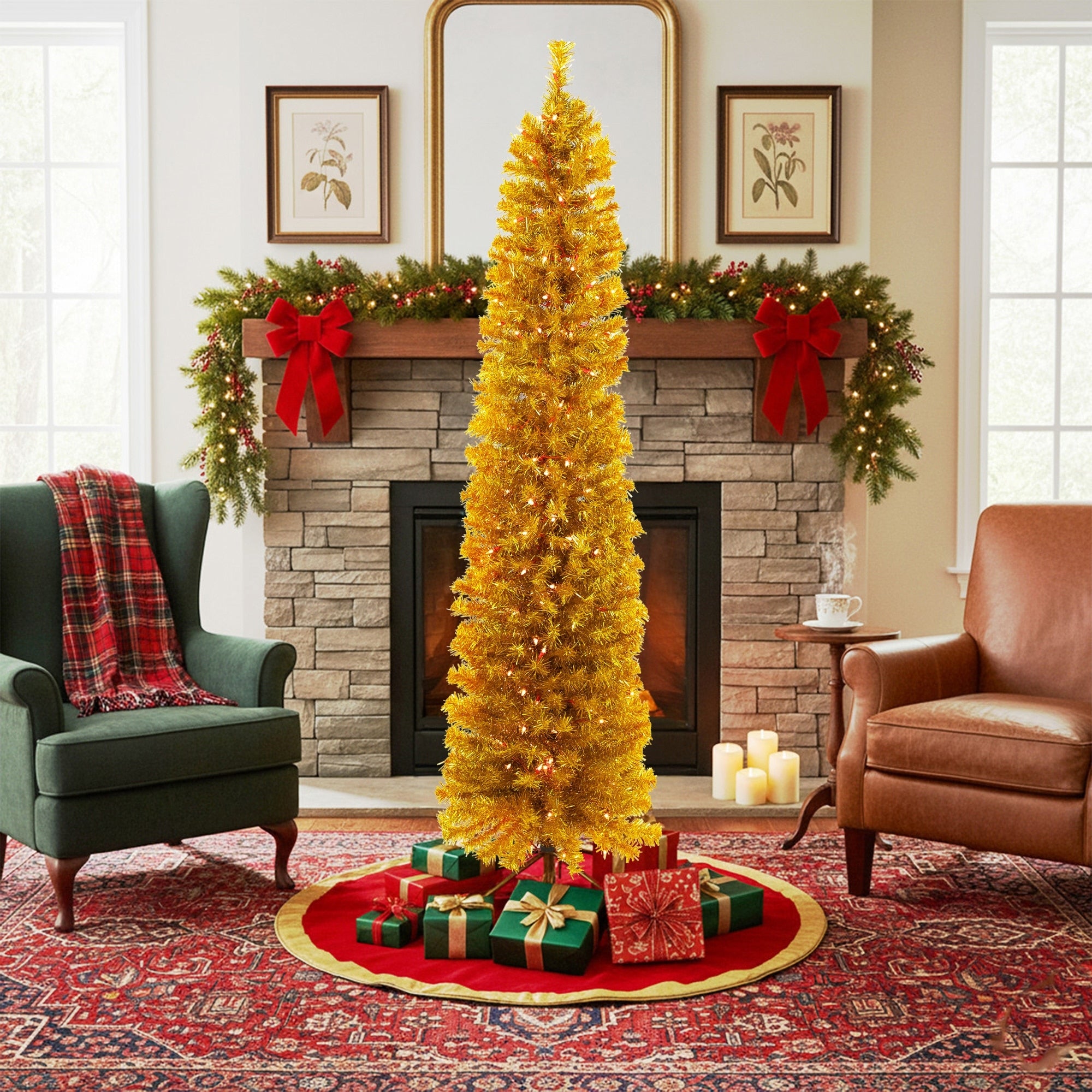 6 X 20 Pre Lit Gold Artificial Tinsel Pencil Christmas Tree Clear Lights