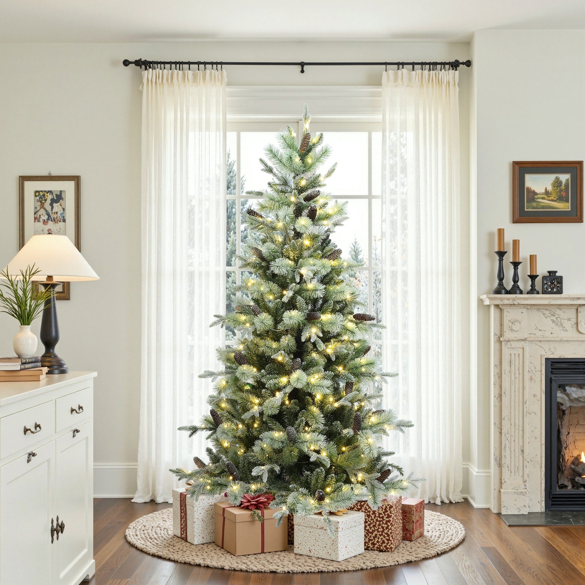 Pre Lit Pine Branches With Frosted Tips Artificial Christmas Tree