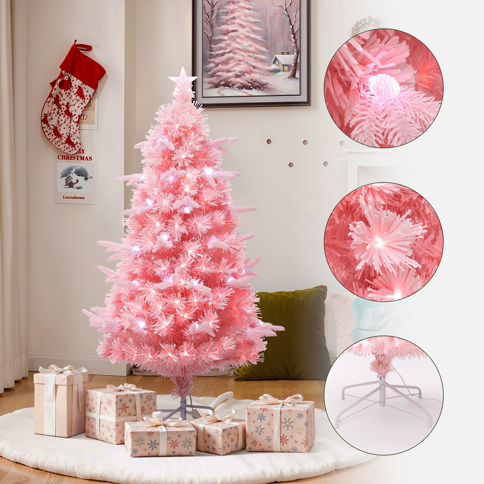 Pre Lit Pink Blossom Artificial Tree W Fiber Optic Lights Pinecone Lights