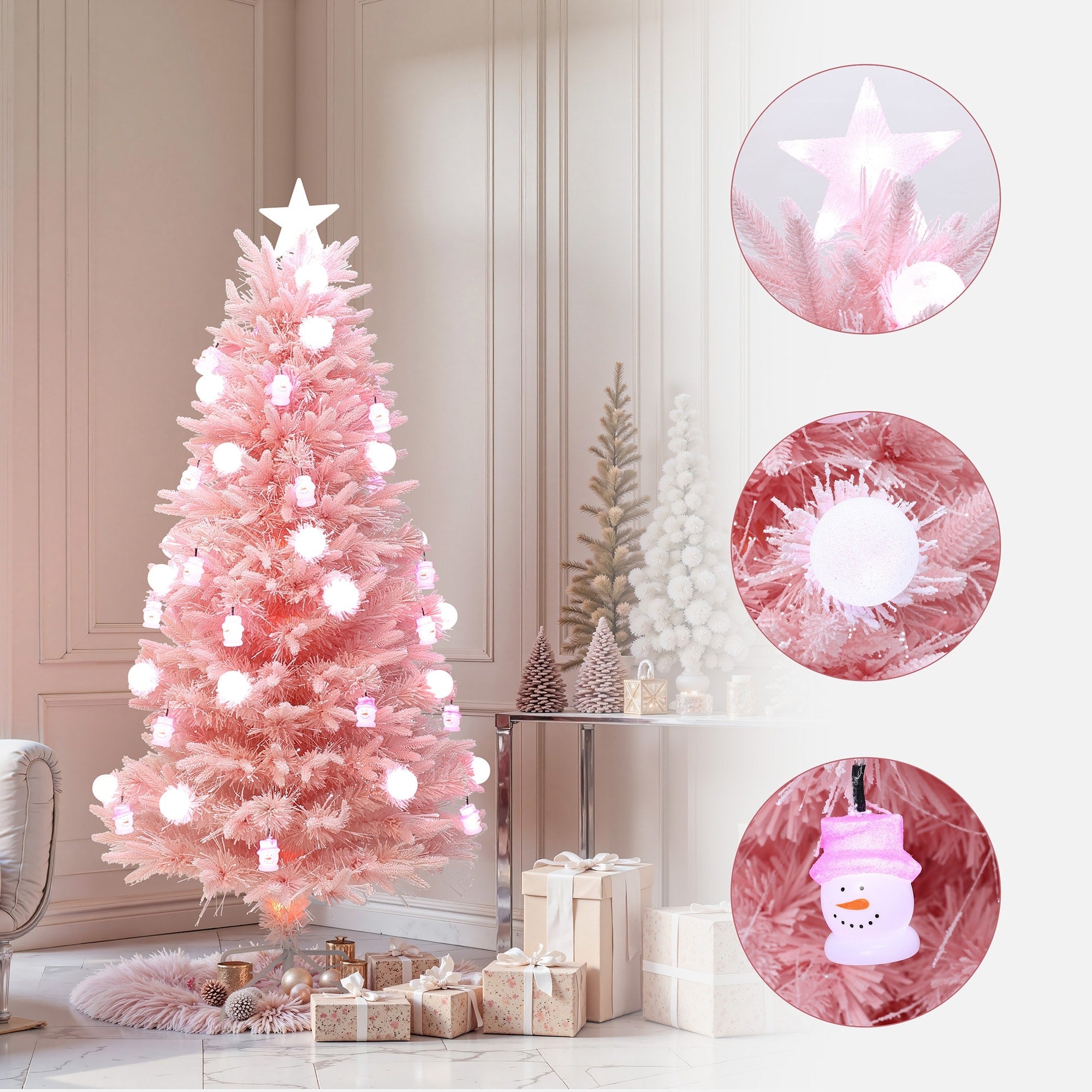 Pre Lit Pink Blossom Artificial Tree With Fiber Optic Lights Snowman Ornaments