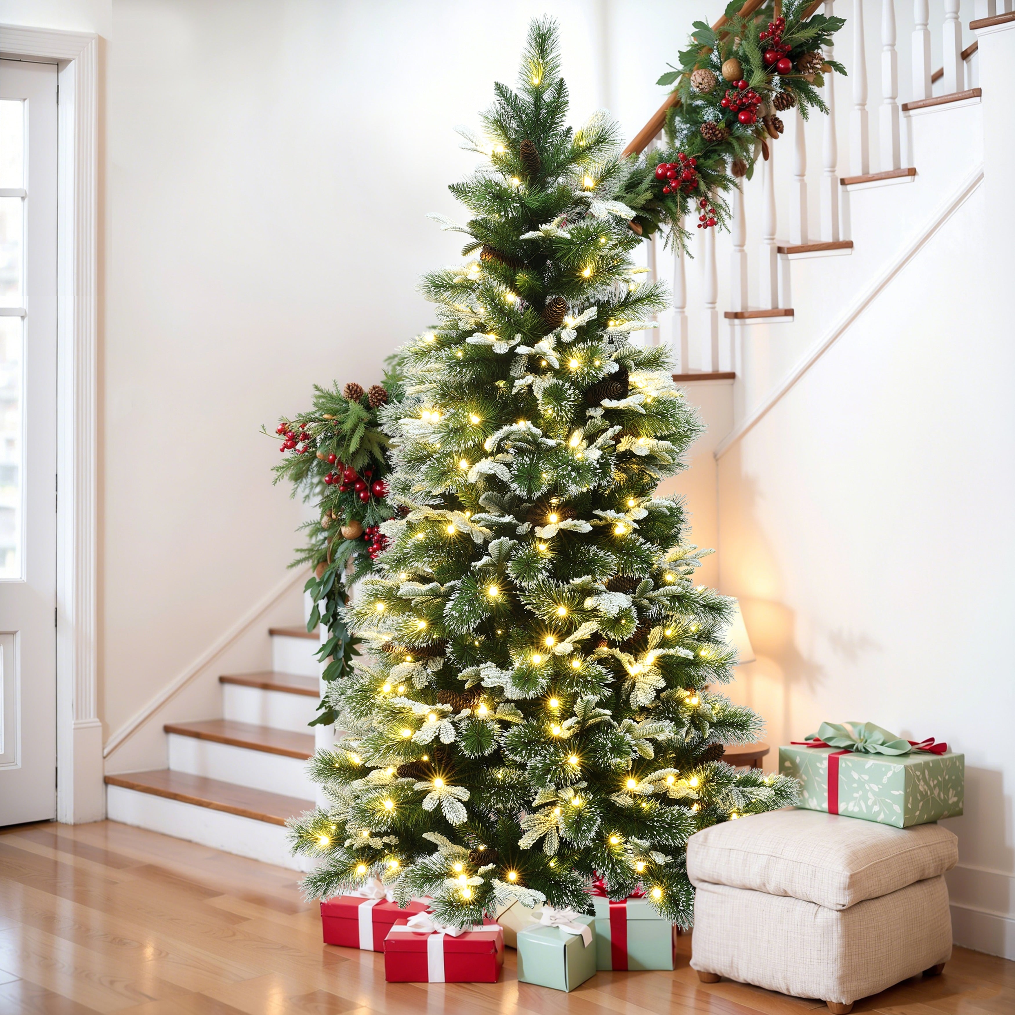 Pre Lit Snow Flocked Green Branches Artificial Pine Christmas Tree With Stand