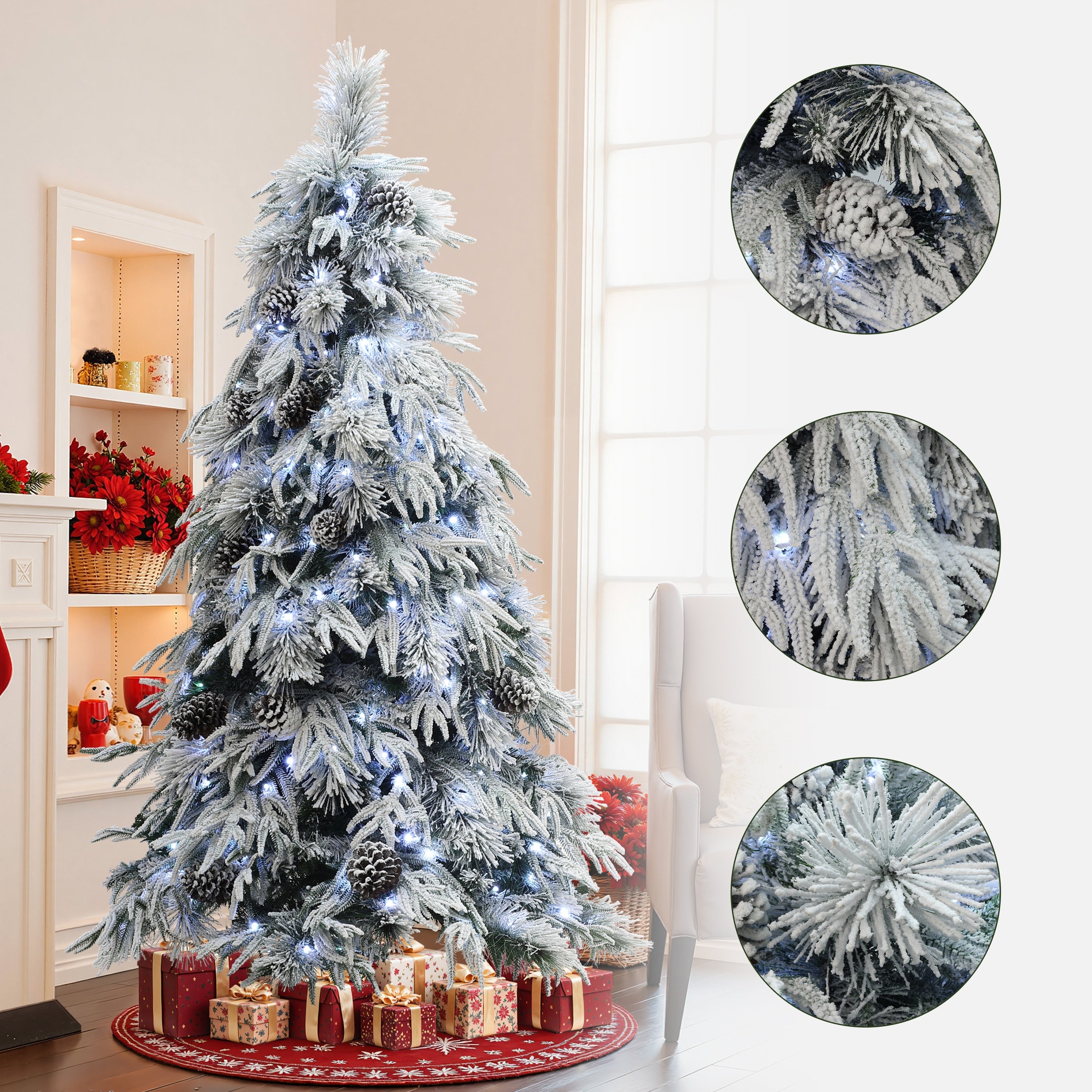 Pre Lit Snowy Branches Artificial Christmas Tree With Pinecones Stand