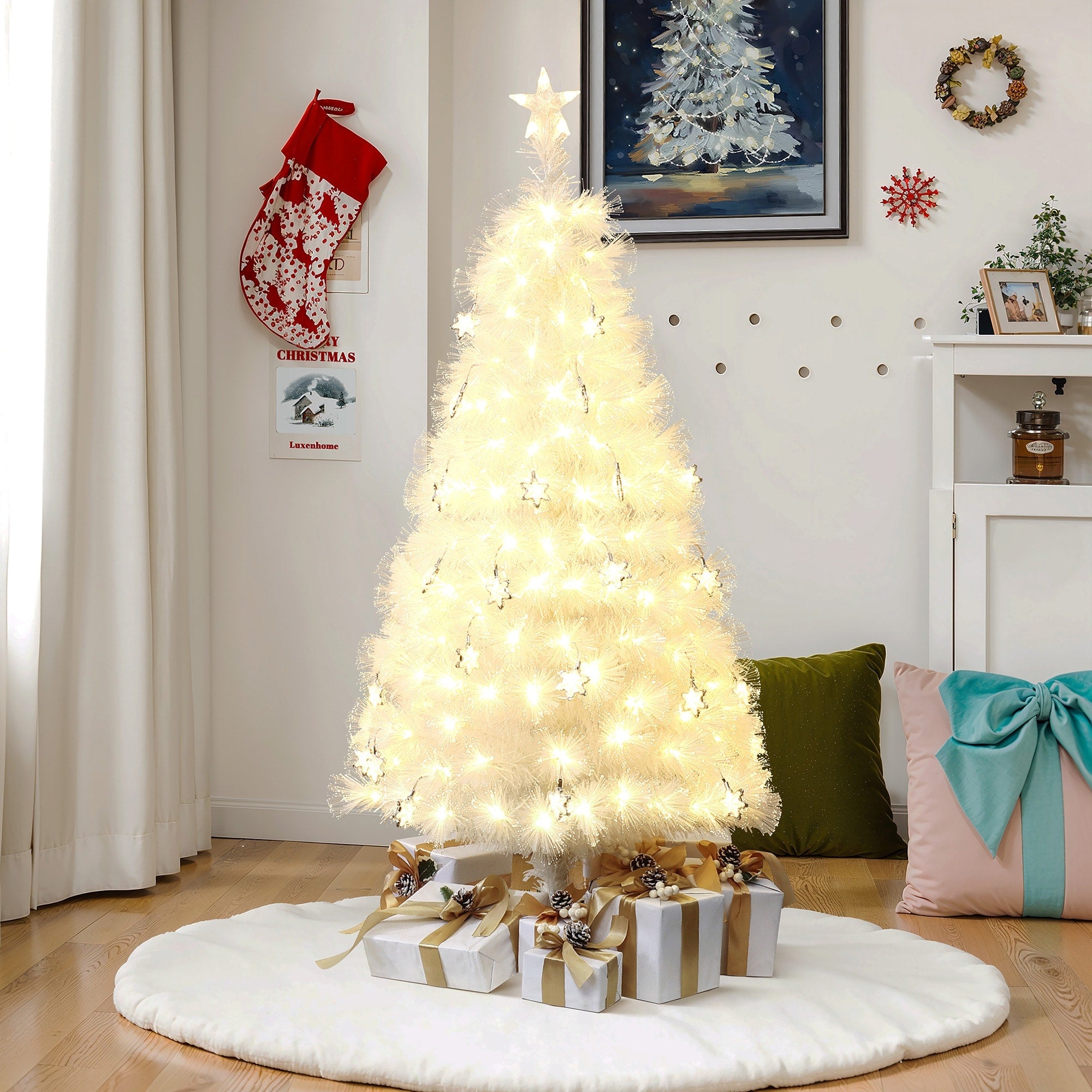 Pre Lit White Fiber Optic Artificial Tree With Snowflake Lights Star Top