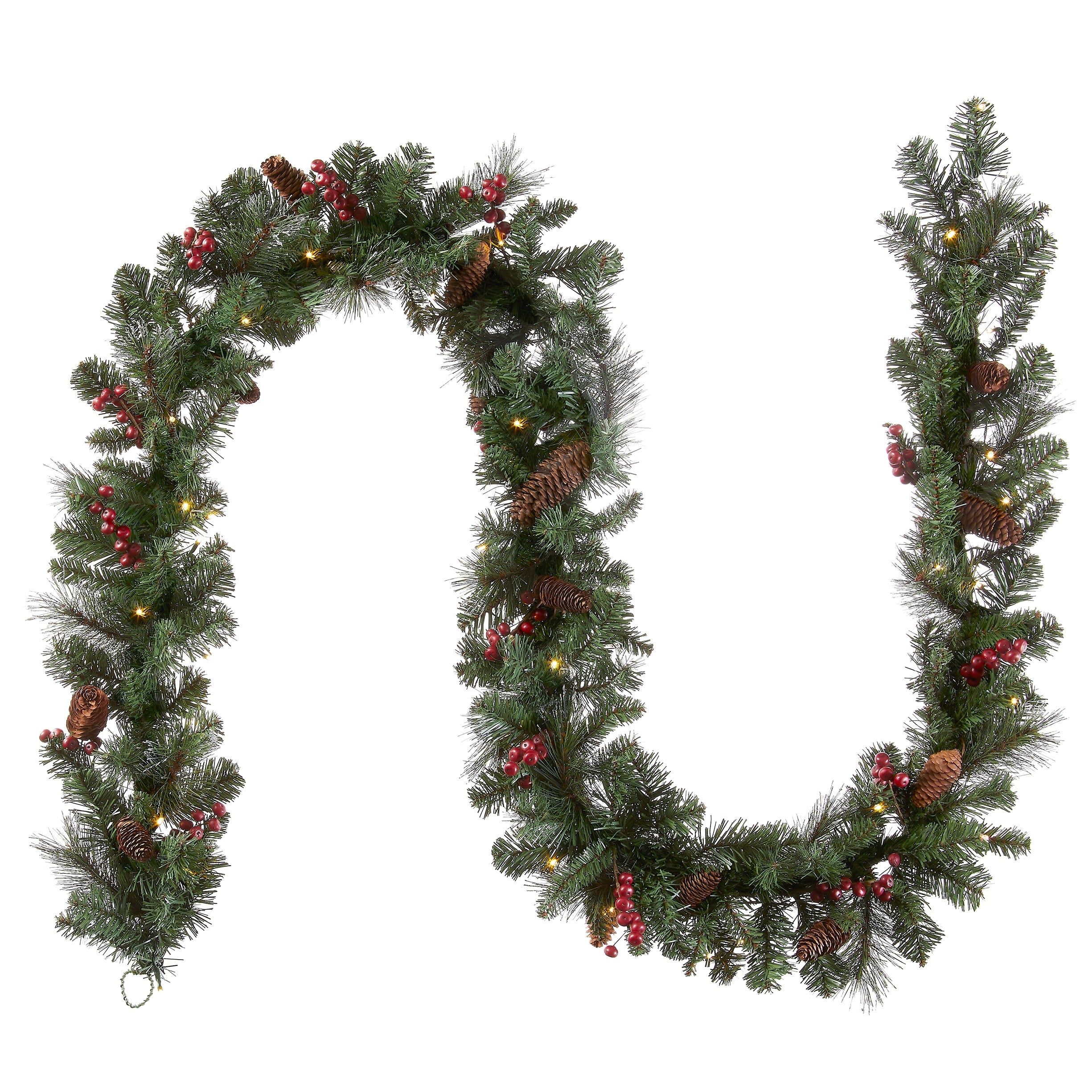9 Foot Spruce Garland With Silver Bristle Cones Red Berries And Glitter With 50 Clear Lights