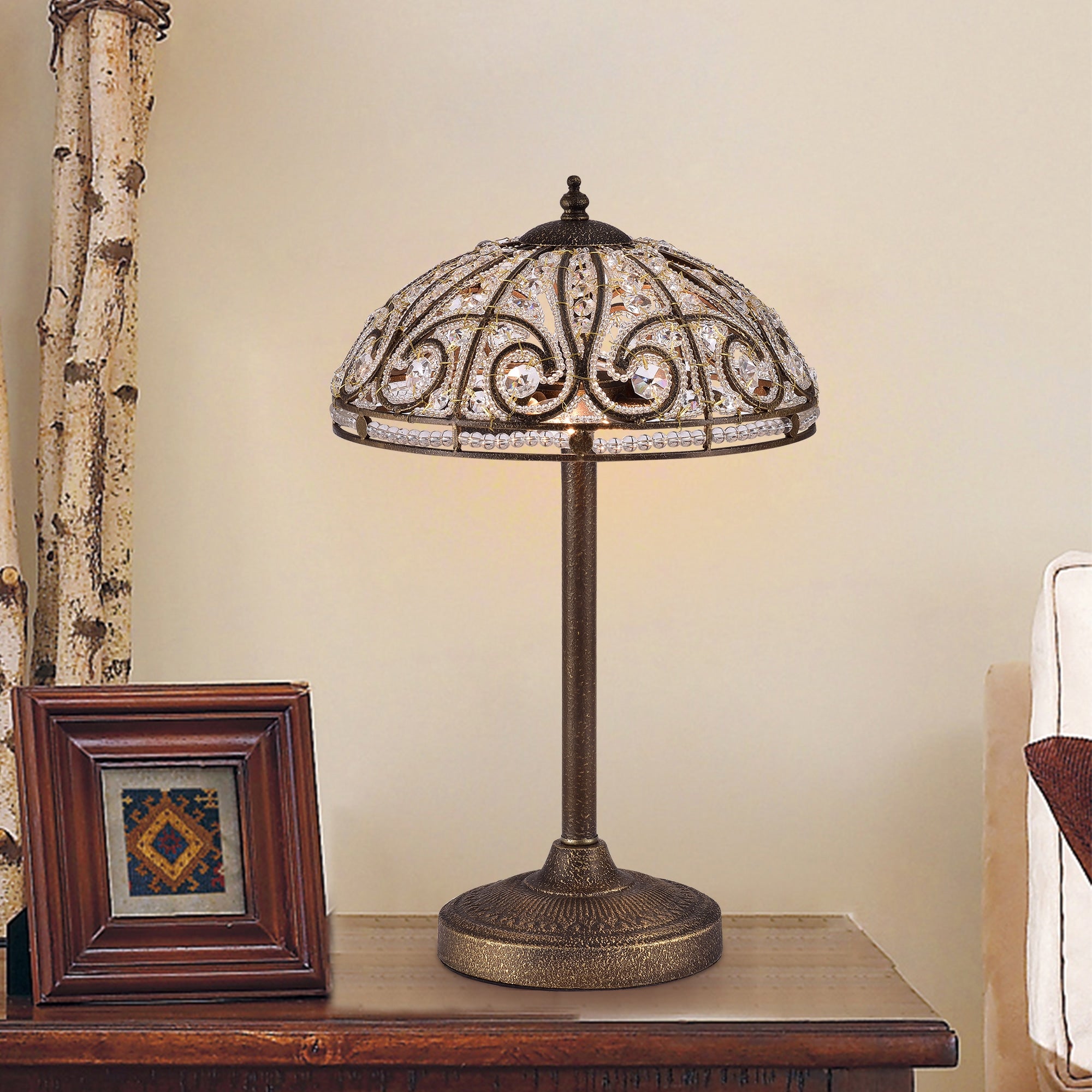 Warehouse Of Tiffany Predima Crystal And Scroll Antique Bronze Metal 2 Light Table Lamp