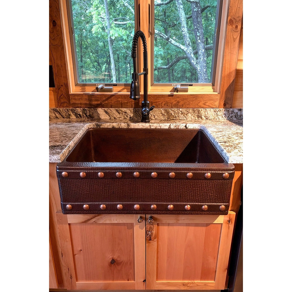 Premier Copper Products 30 Inch Hammered Copper Kitchen Apron Single Basin Sink W Barrel Strap Design Brown