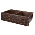 Premier Copper Products Hammered Copper 33 Inch Scroll Apron Double Basin Kitchen Sink