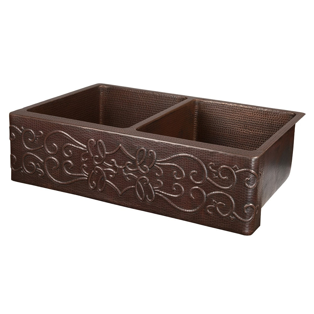 Premier Copper Products Hammered Copper 33 Inch Scroll Apron Double Basin Kitchen Sink