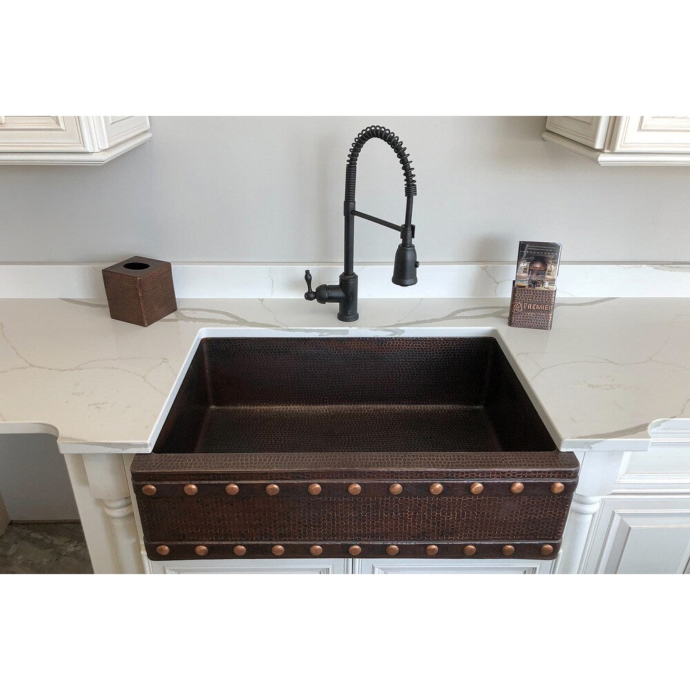Premier Copper Products Hammered Copper 33 Inch Barrel Strap Apron Front Kitchen Sink