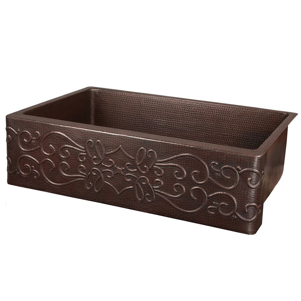 Premier Copper Products Hammered Copper 33 Inch Scroll Apron Kitchen Sink