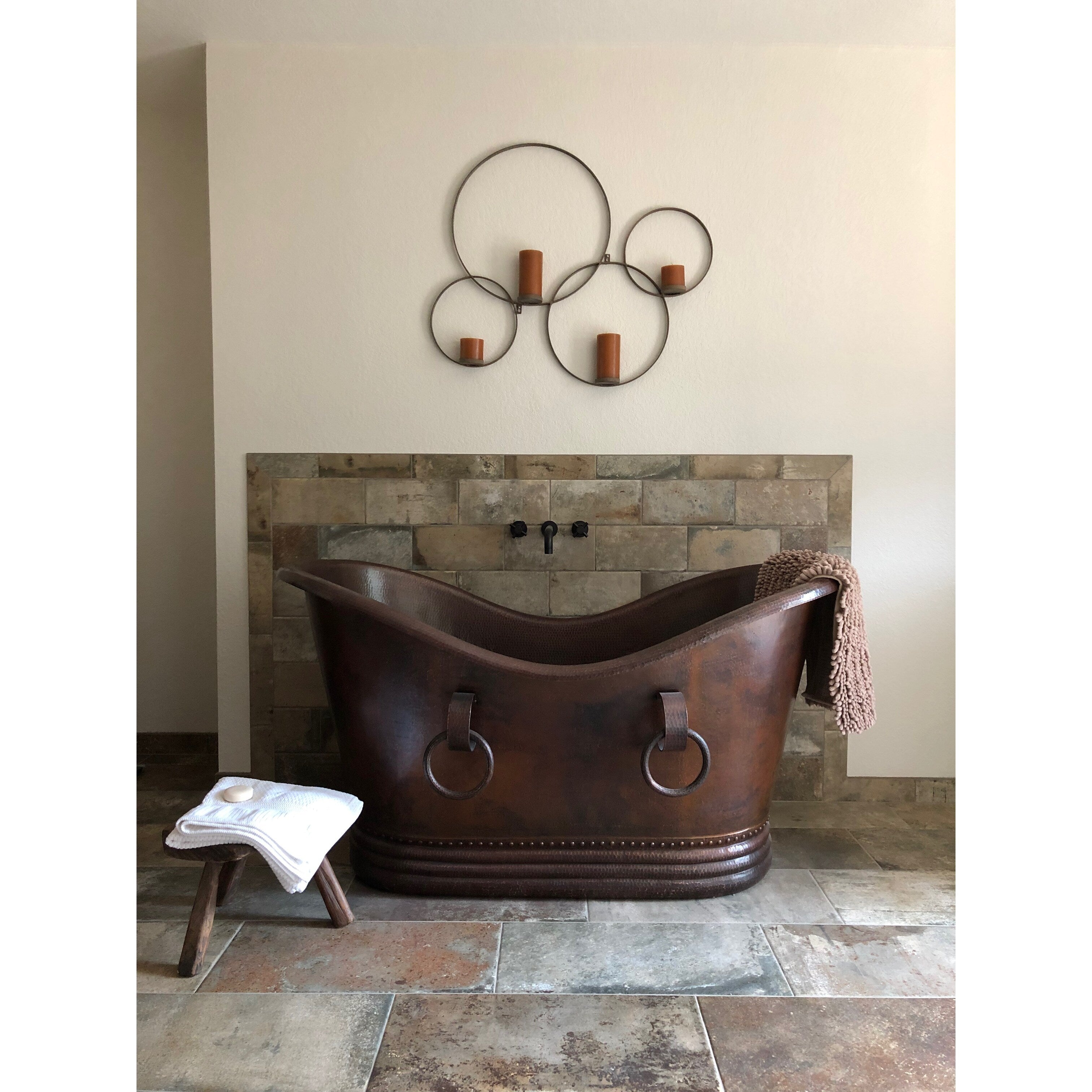 Premier Copper Products 60 Inch Hammered Copper Double Slipper Bathtub With Rings
