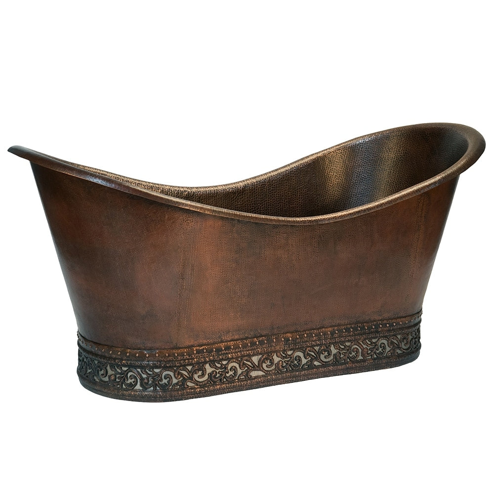 Premier Copper Products 67 Inch Hammered Copper Double Slipper Bathtub With Scroll Base And Nickel Inlay