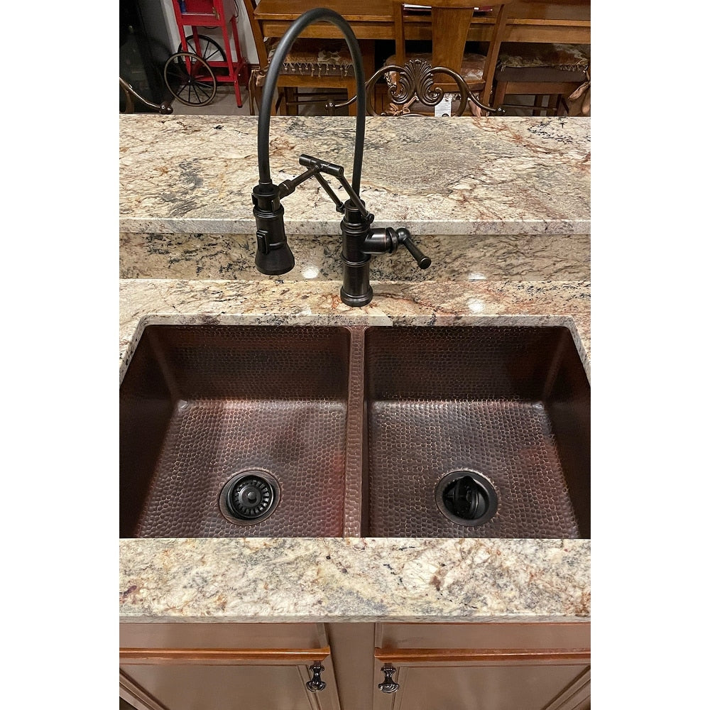 Premier Copper Products Hammered Copper 33 Inch 50 50 Double Basin Kitchen Sink