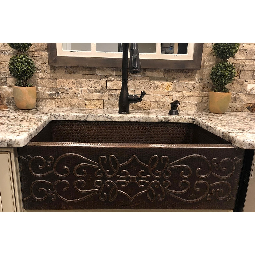 Premier Copper Products Hammered Copper 30 Inch Scroll Apron Kitchen Sink