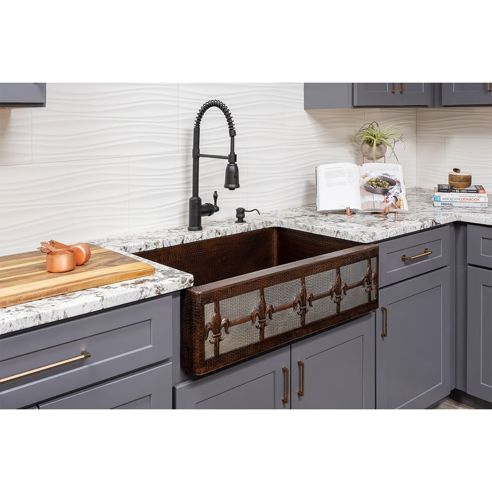 Premier Copper Products 33 Inch Copper Kitchen Apron Single Basin Sink With Fleur De Lis And Apron Front Nickel Background