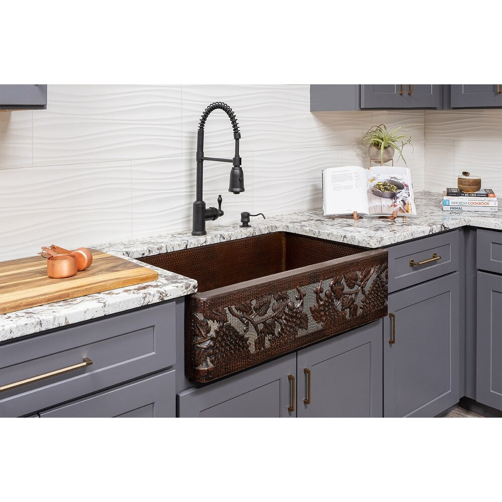 Premier Copper Products 33 Inch Copper Kitchen Apron Single Basin Sink With Vineyard And Apron Front Nickel Background