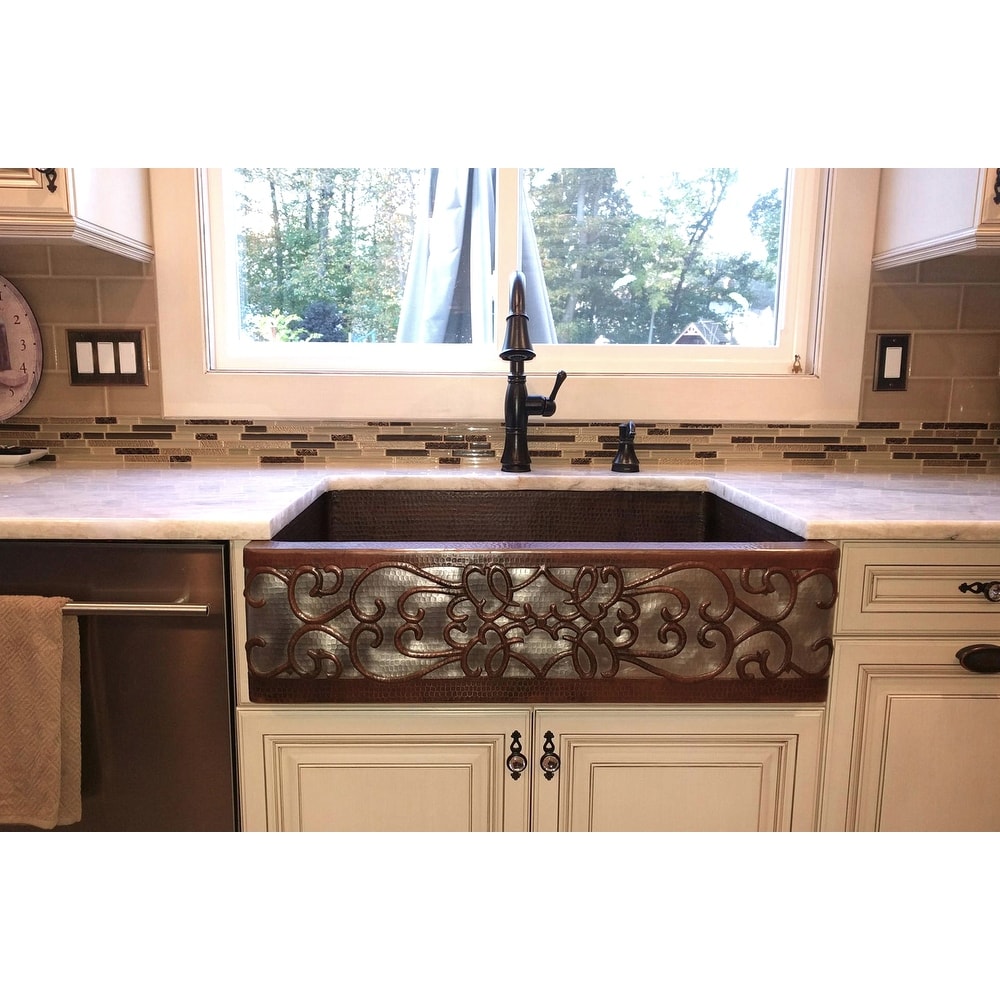 Copper Apron Front 33 Inch Single Basin Kitchen Sink With Scroll And Nickel Background