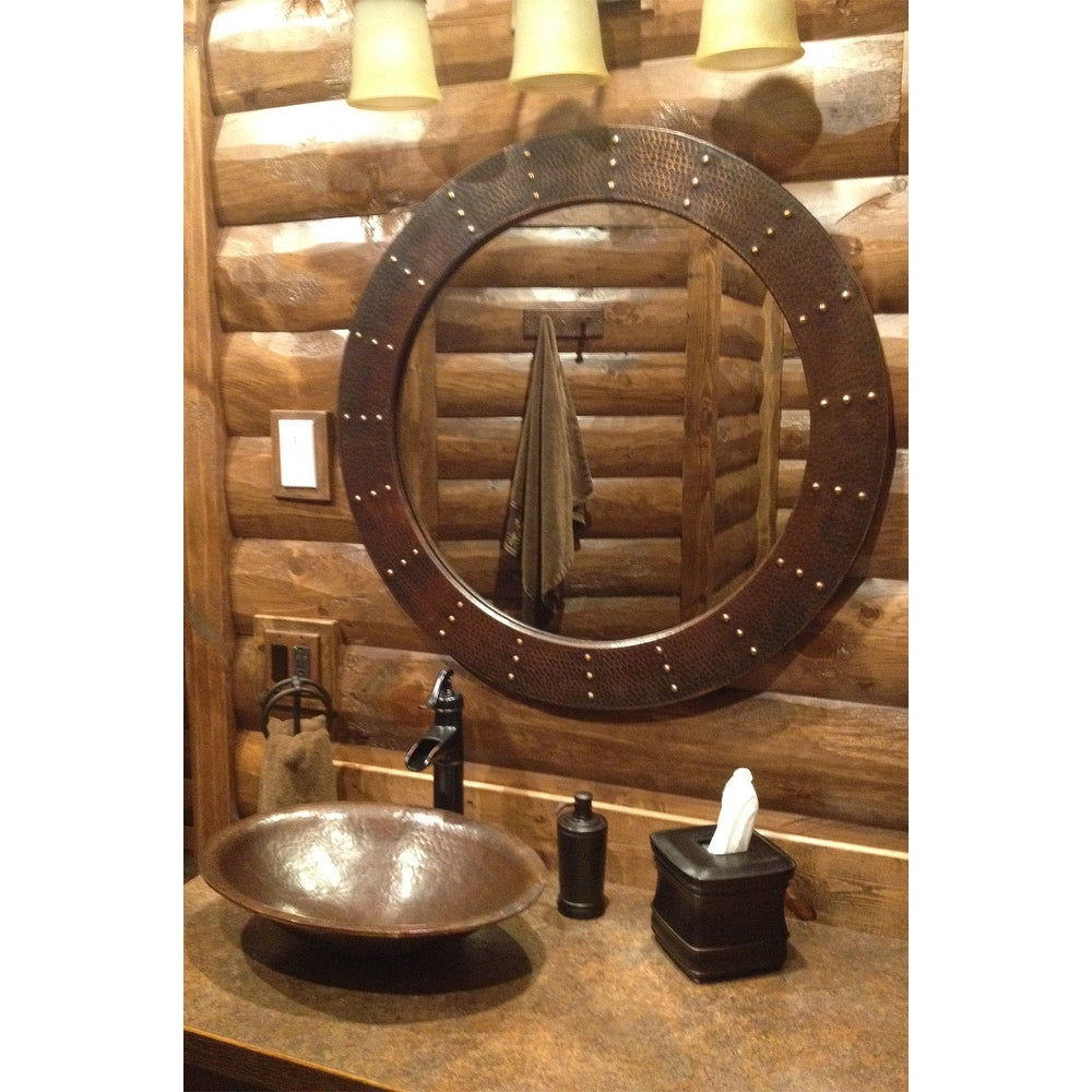 Premier Copper Products 34 Inch Hand Hammered Round Copper Mirror With Hand Forged Rivets