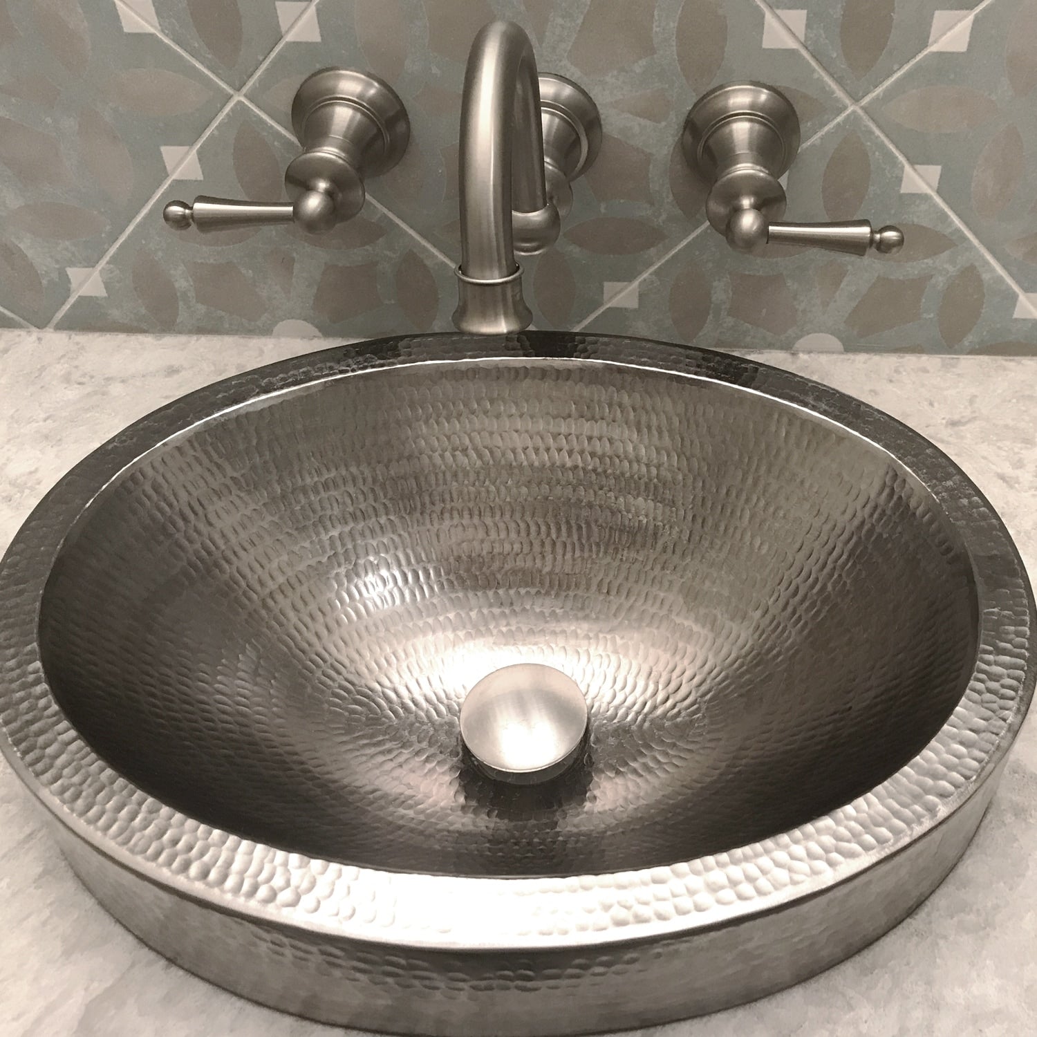Premier Copper Products Compact Oval Skirted Vessel Hammered Copper Sink In Electroless Nickel