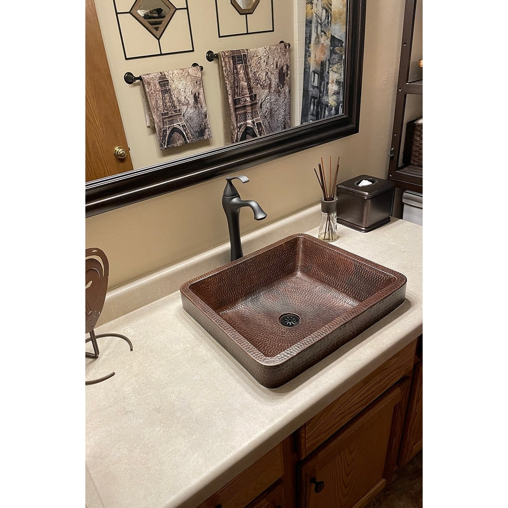 Premier Copper Products 17 Inch Rectangle Skirted Vessel Hammered Copper Sink In Oil Rubbed Bronze