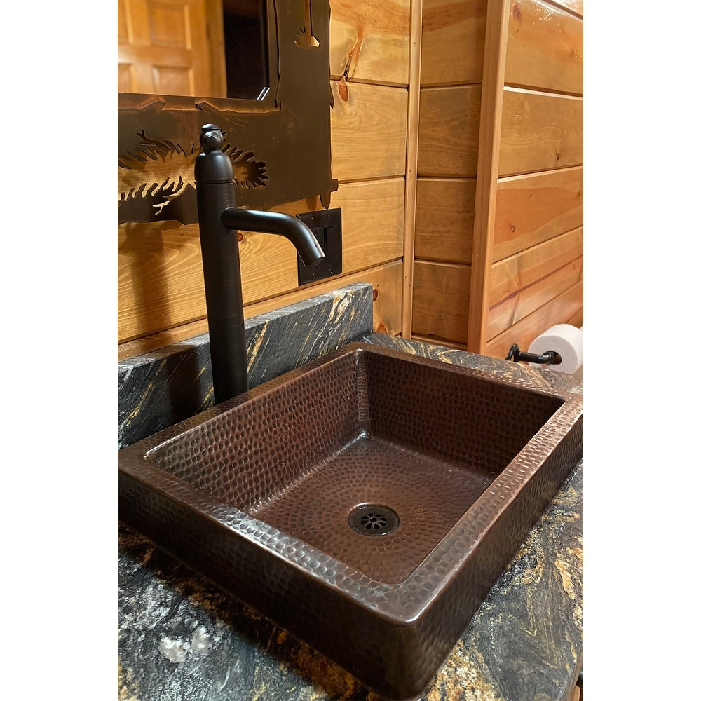 Premier Copper Products Square Skirted Vessel Hammered Copper Sink In Oil Rubbed Bronze