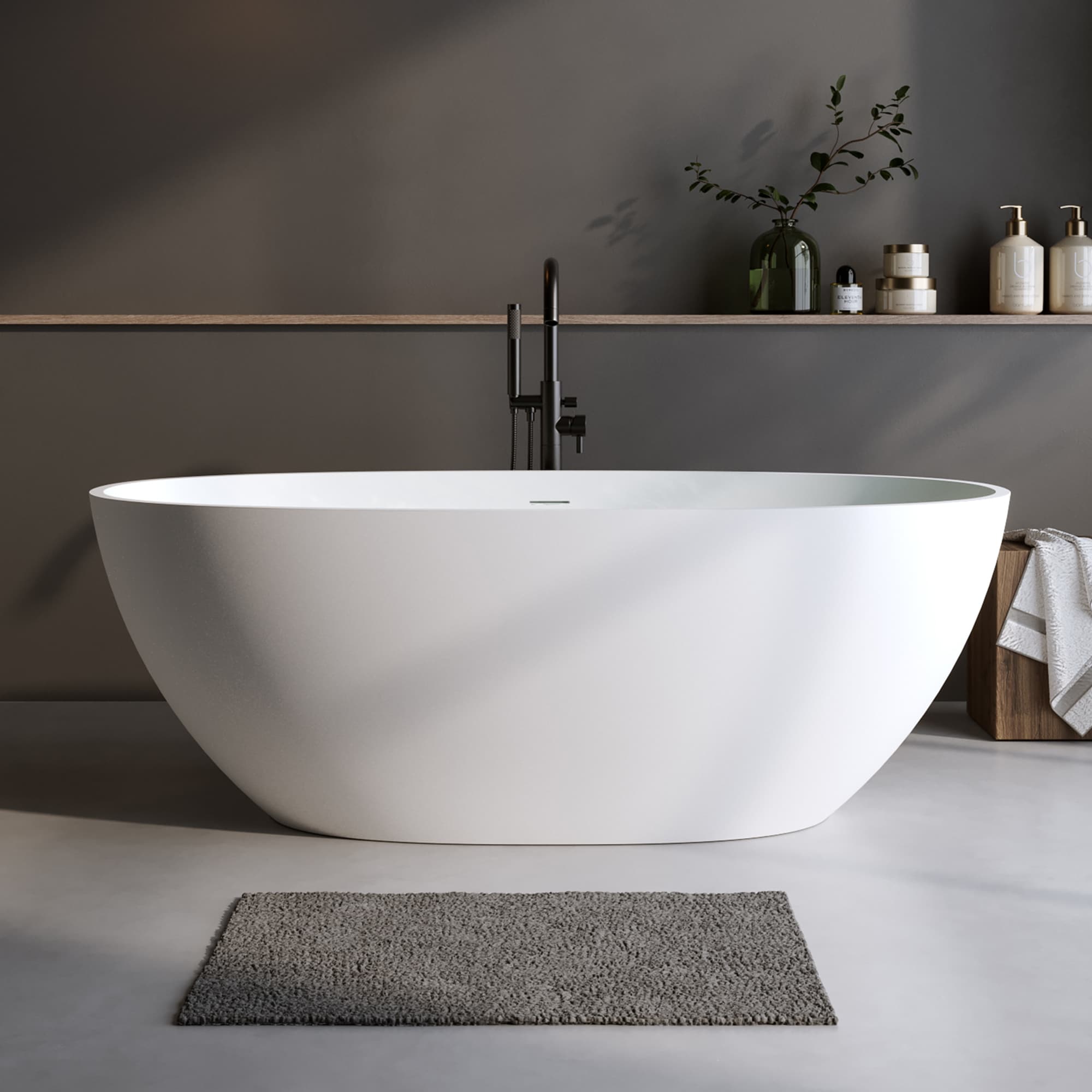 Premium Solid Surface Freestanding Soaking Bathtub With Center Drain And Pop Up Drain Modern Matte White Tub With Overflow