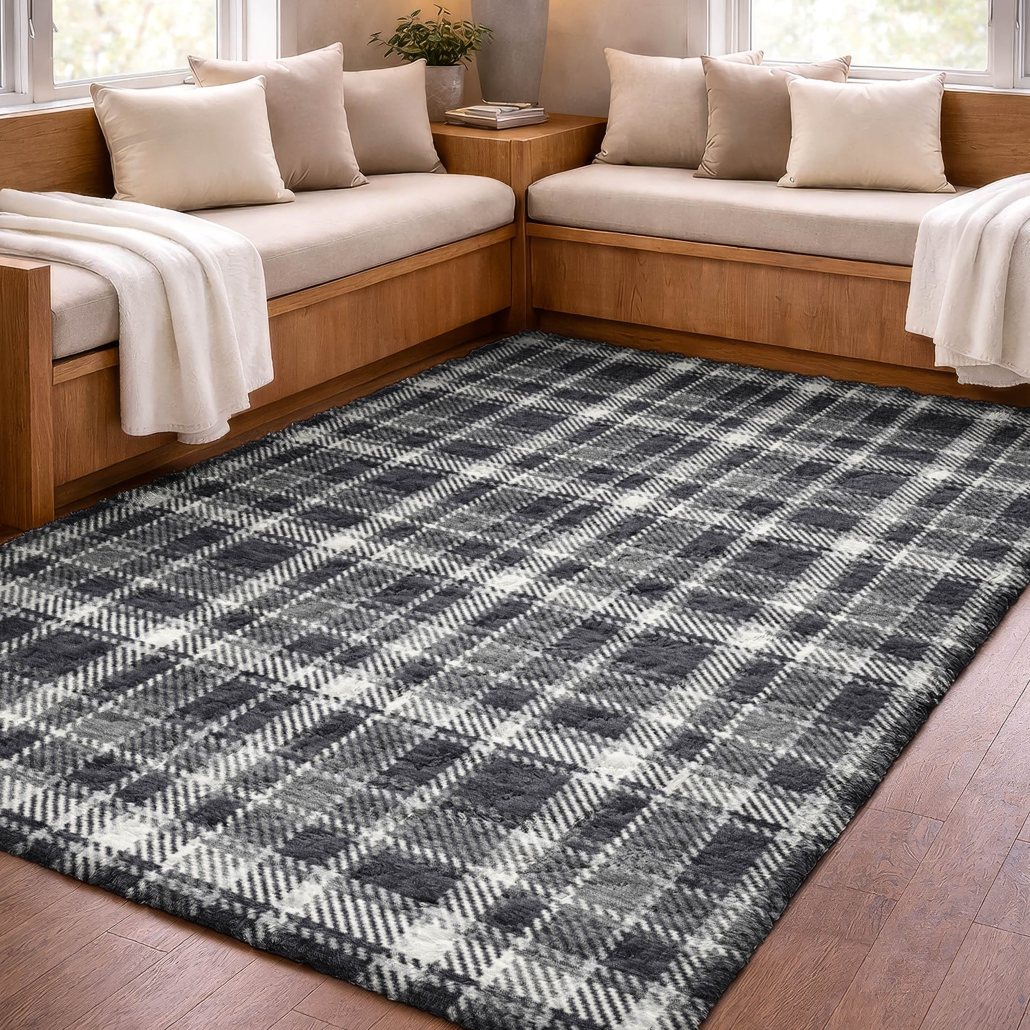 Premium Washable Super Soft Plaid Huntington Dream Shag Rug