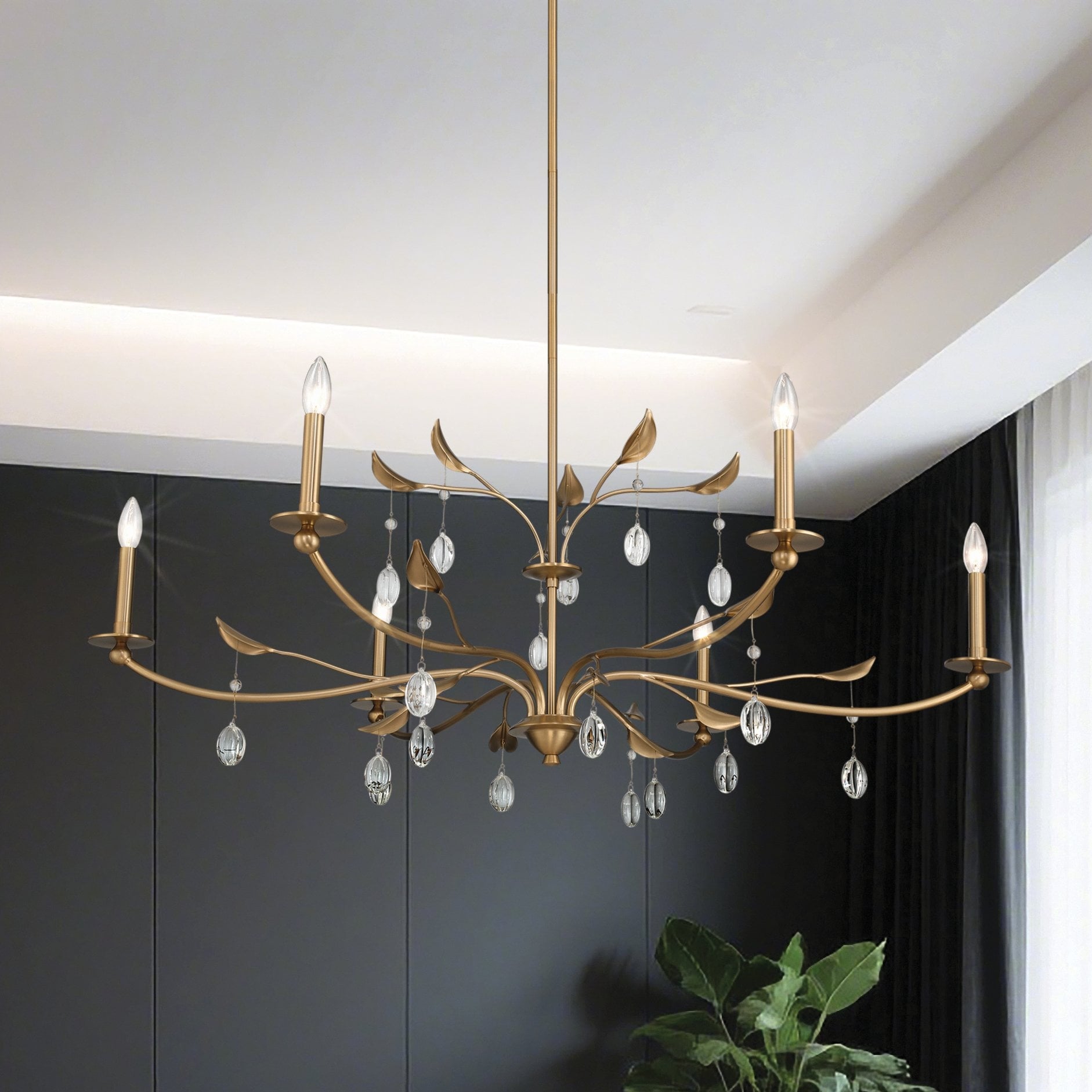 Presley 48 Inch 6 Light Champagne Gold Chandelier With Clear Glass Drops L 48 X W 48 X H 20 X M H 63.25