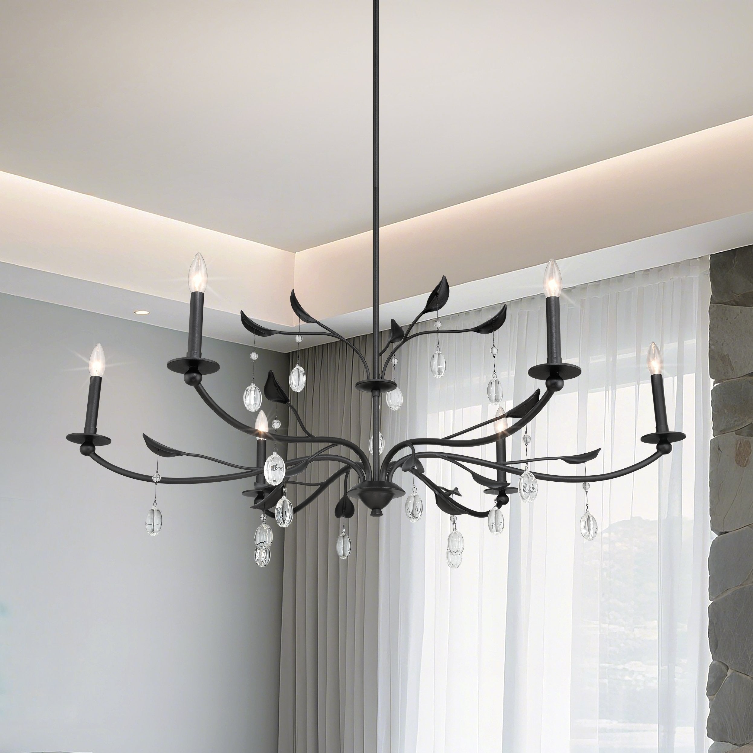 Presley 48 Inch 6 Light Textured Black Chandelier With Clear Glass Drops L 48 X W 48 X H 20 X M H 63.25