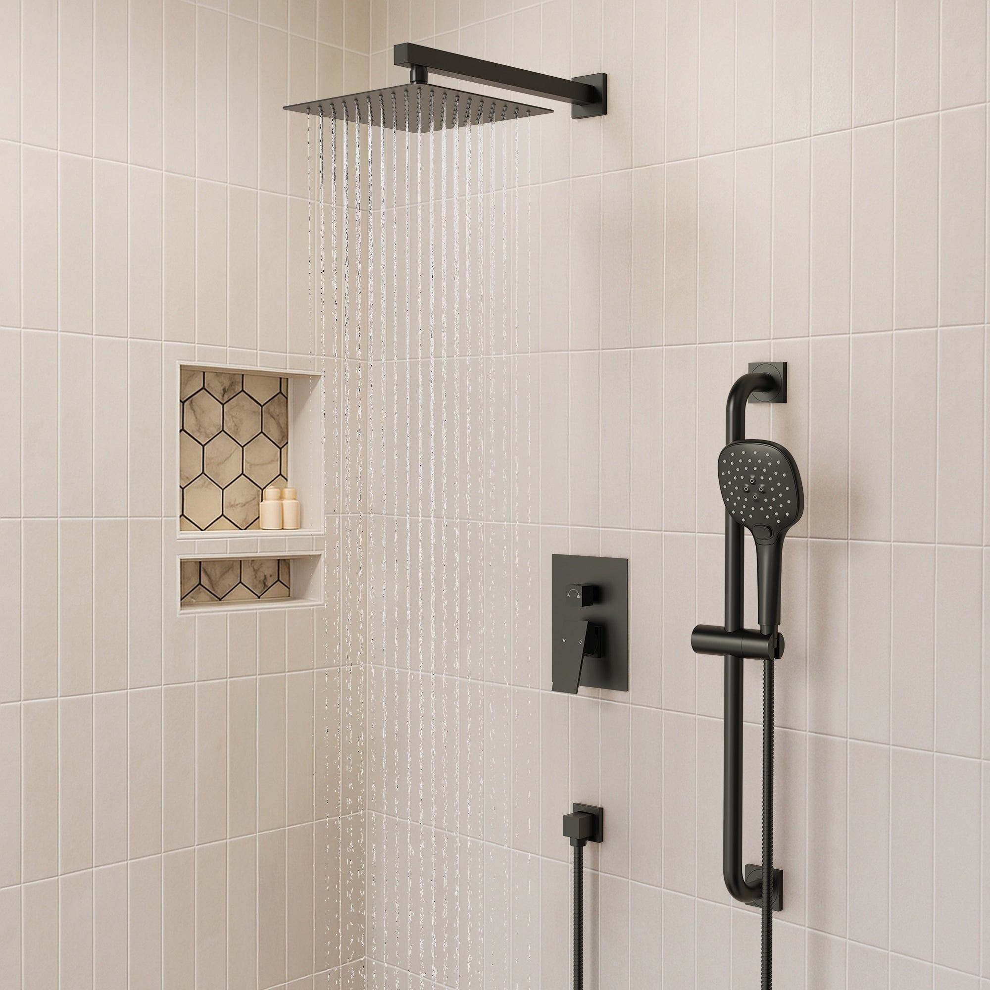 Pressure Balanced Shower System 10 Inch Rainfall Shower Faucet With 3 Function Handheld Shower