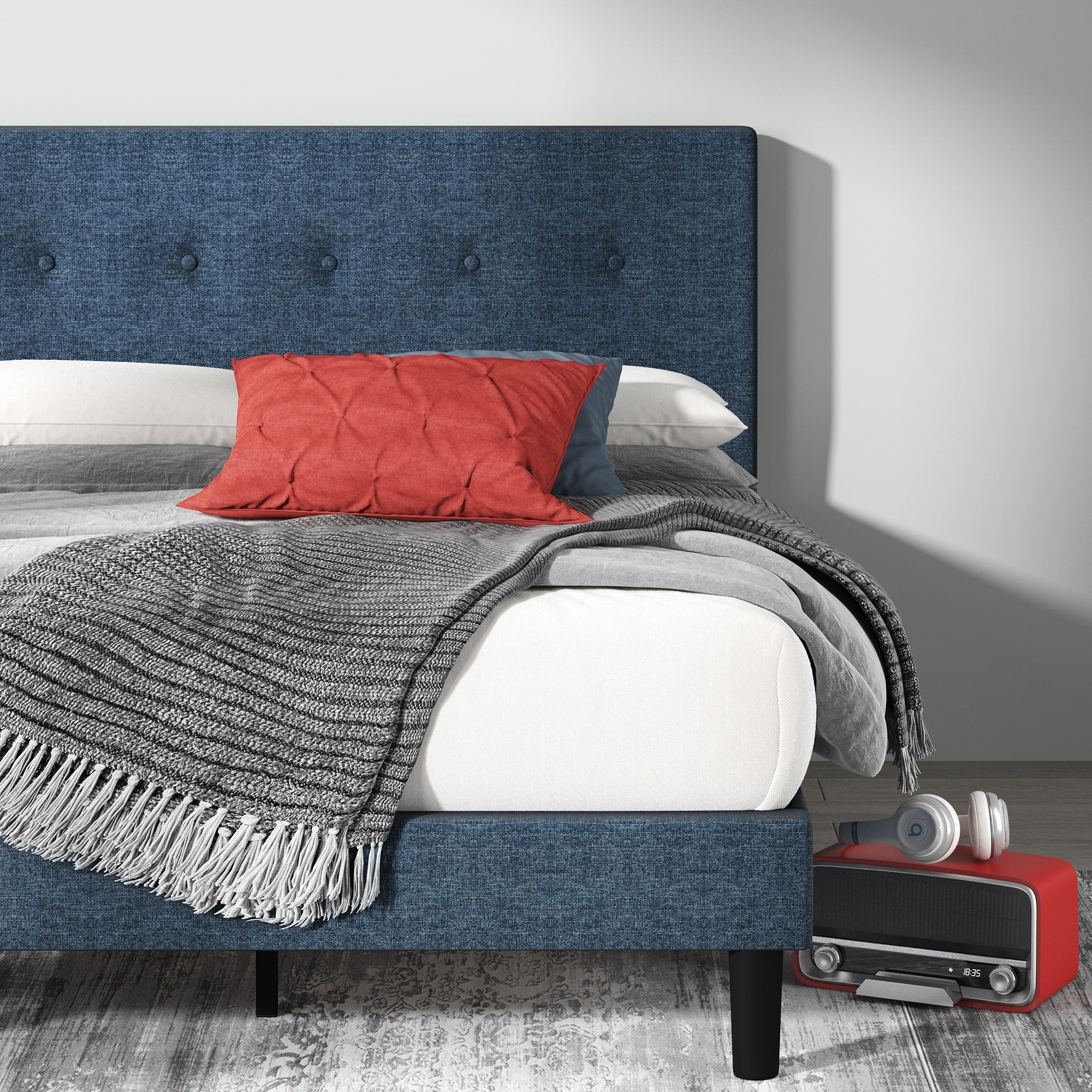 Priage By Zinus Navy Upholstered Button Tufted Platform Bed Frame